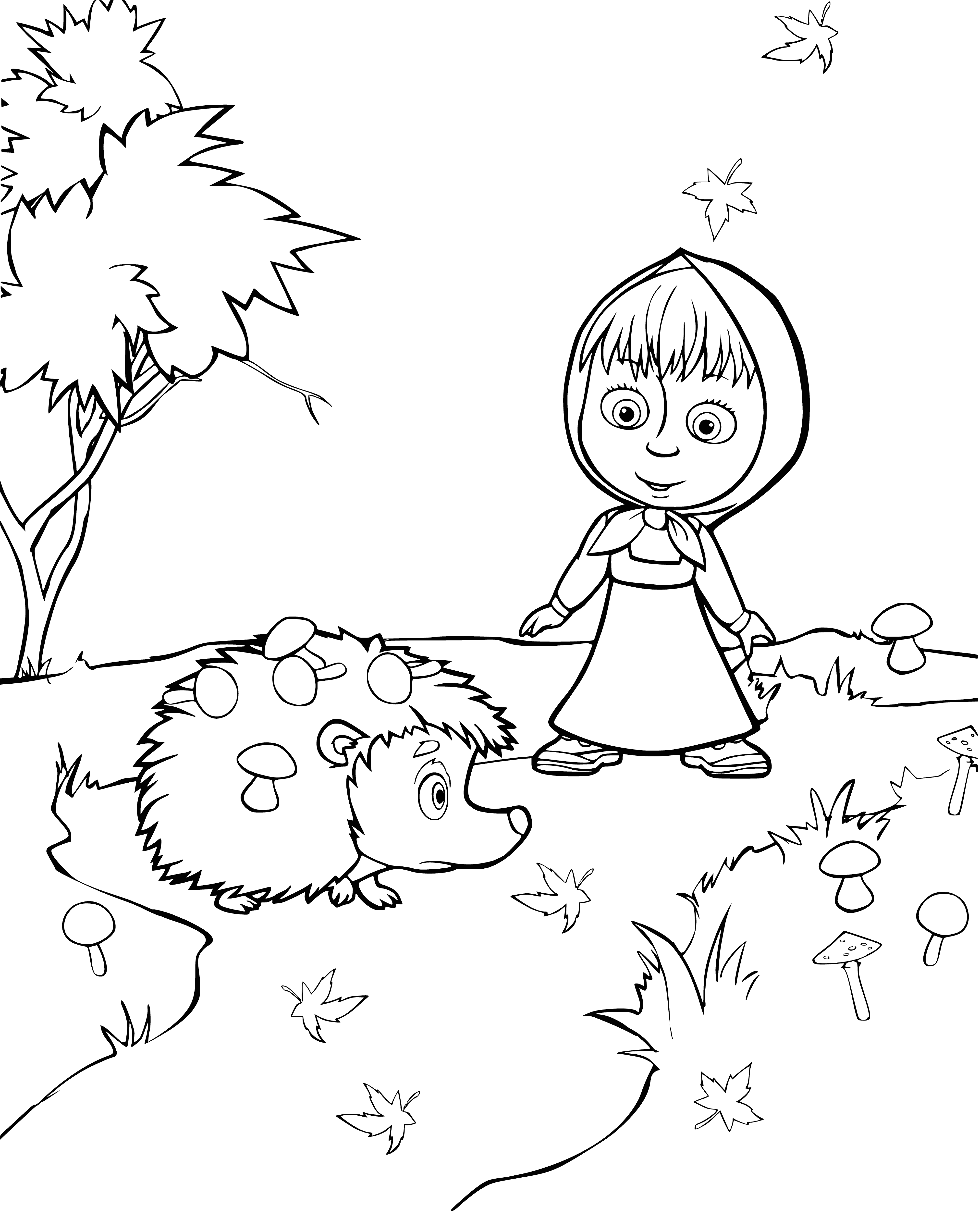 coloring page: Masha kneels by a hedgehog with serious expression. Wears light brown hair & green dress.