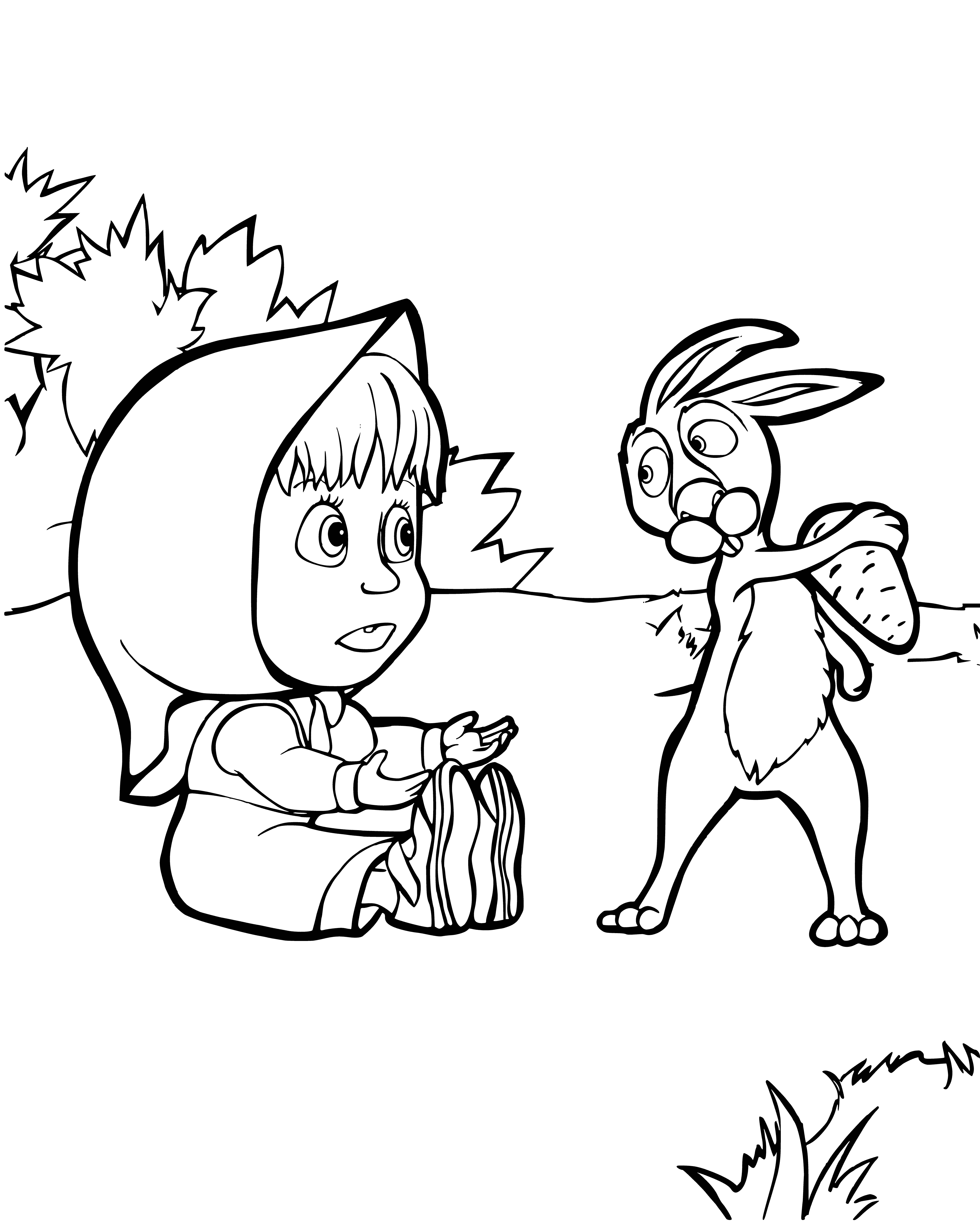 coloring page: Masha, small and blonde, wearing a red scarf and blue jacket, meets a Hare in the forest.