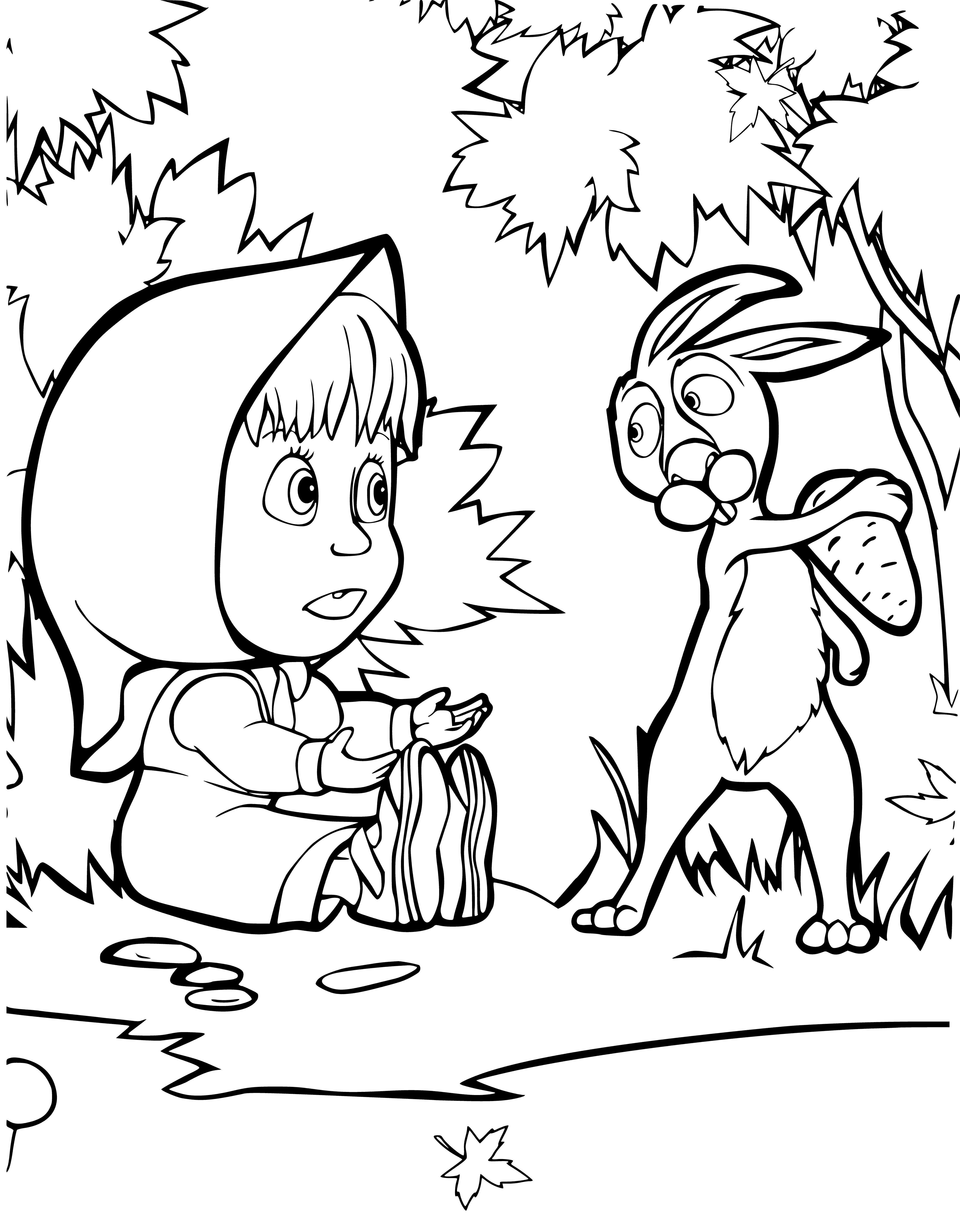 coloring page: Masha and Bear are in a field with Bunny eating a carrot Masha's holding.
