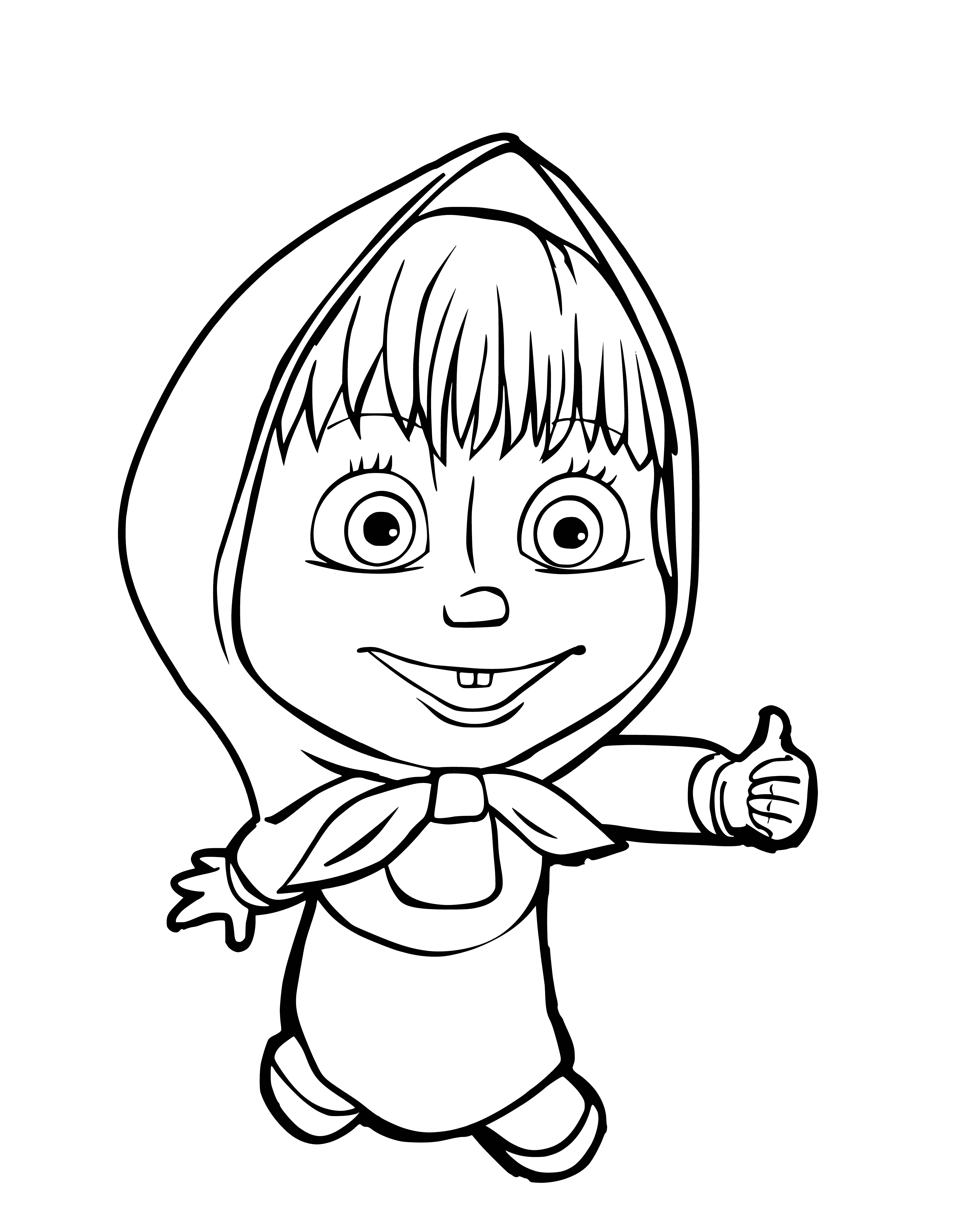coloring page: Masha, a little girl in a red dress and shoes, spots a bear behind a tree.