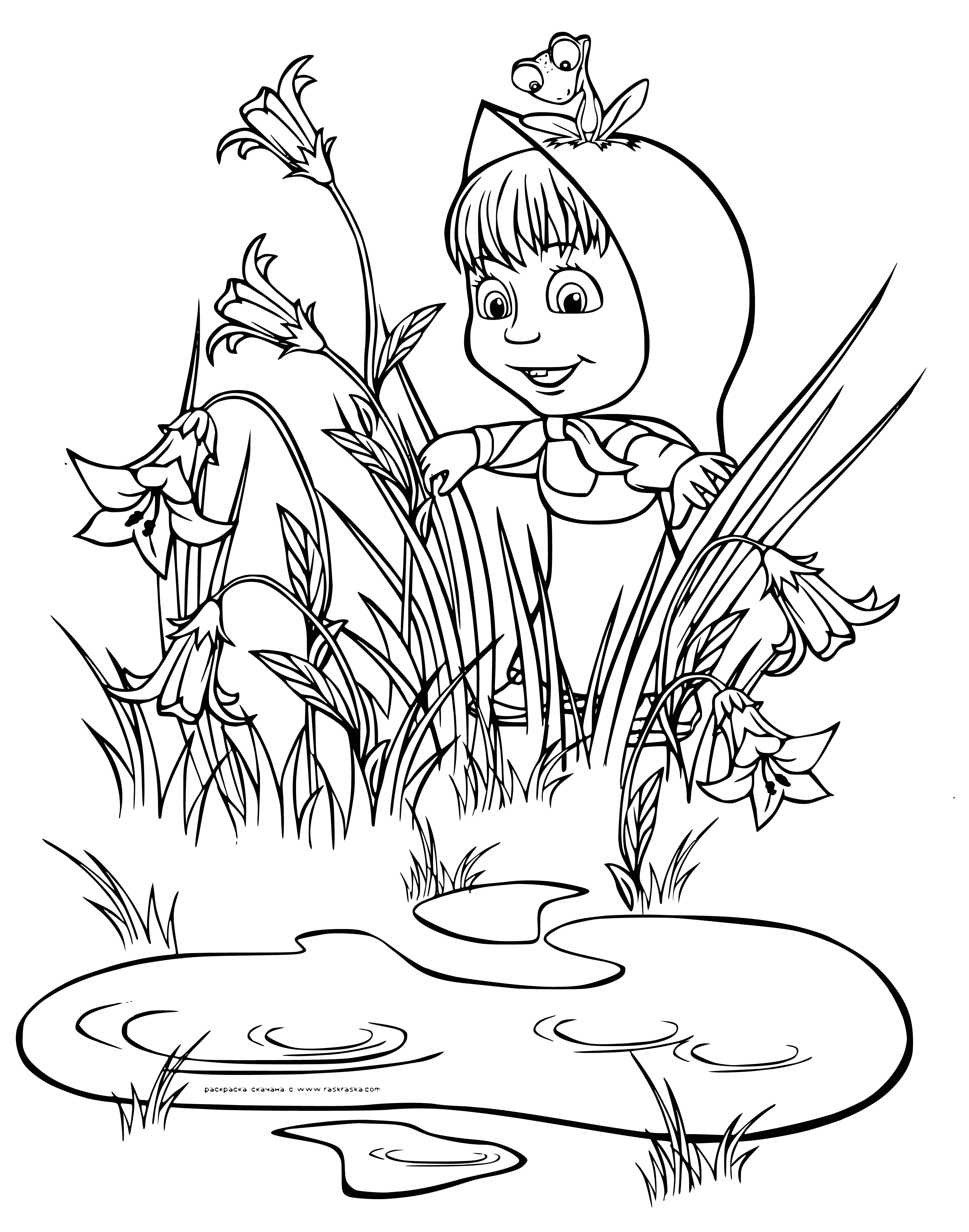 coloring page: Little girl in yellow coat and blue scarf peeks into large pot while brown bear stands nearby, spoon in hand.