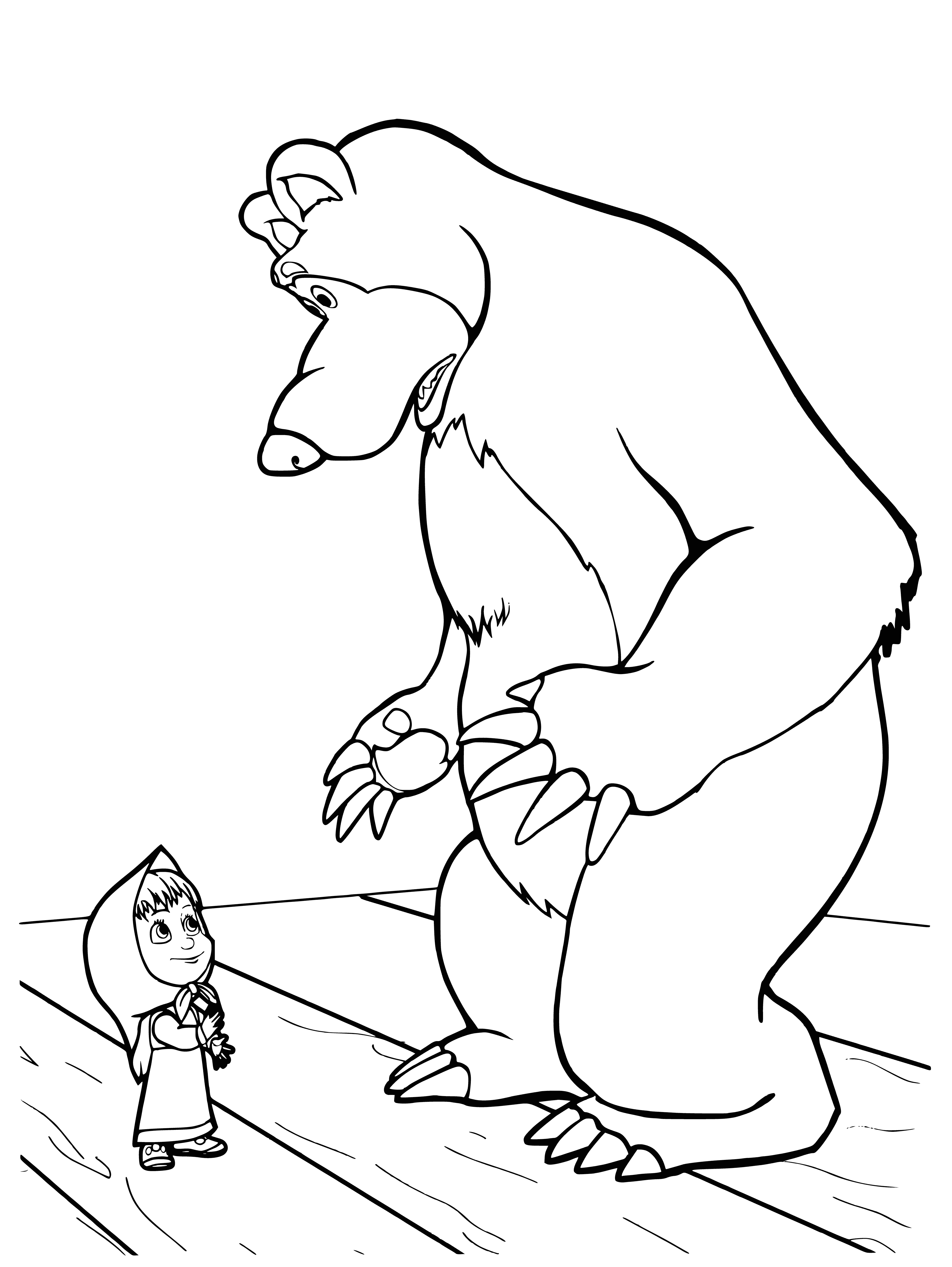 coloring page: Masha plays in the snow with a friendly big bear, having lots of fun.