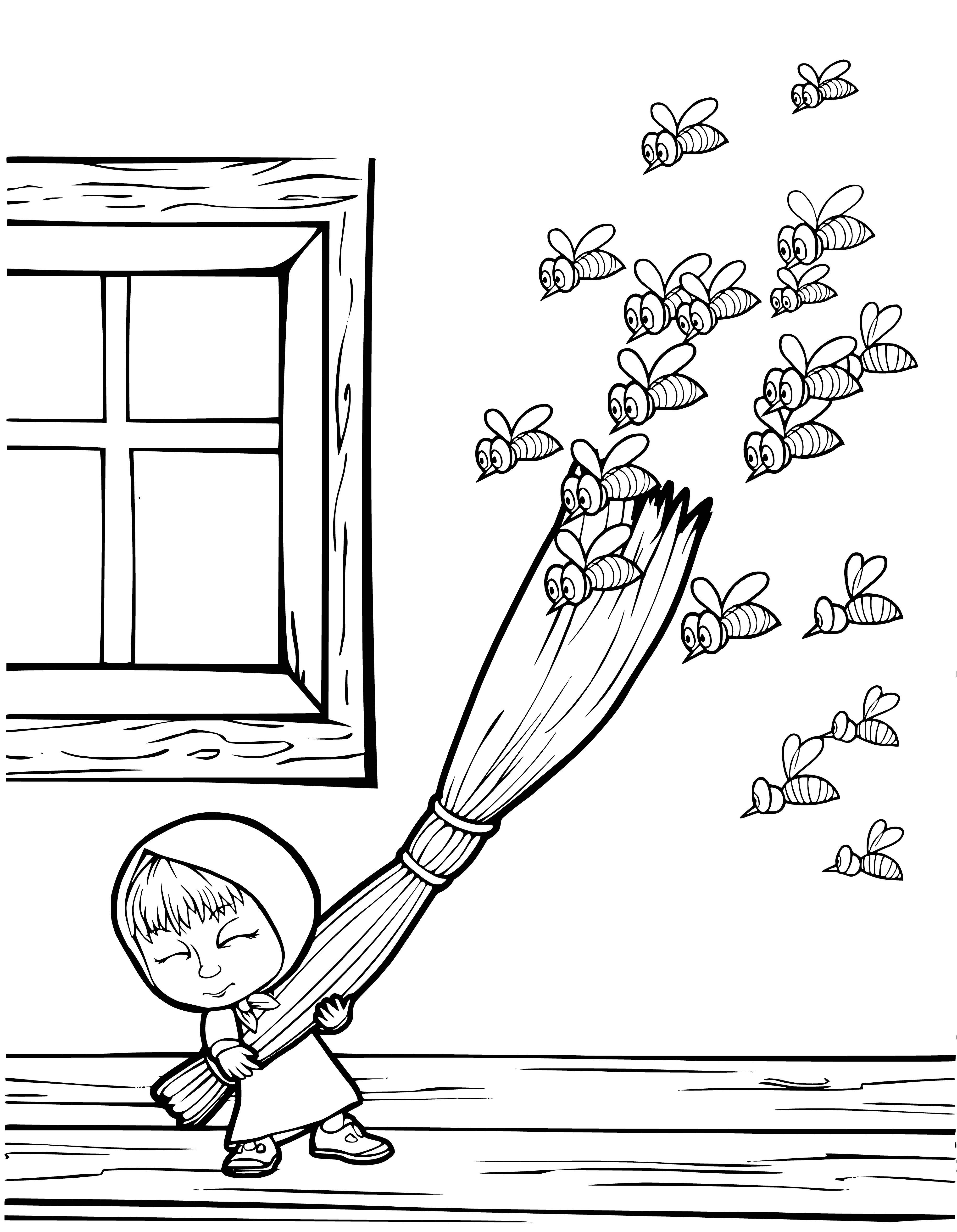 coloring page: Girl Masha befriends bees in happy coloring page scene.