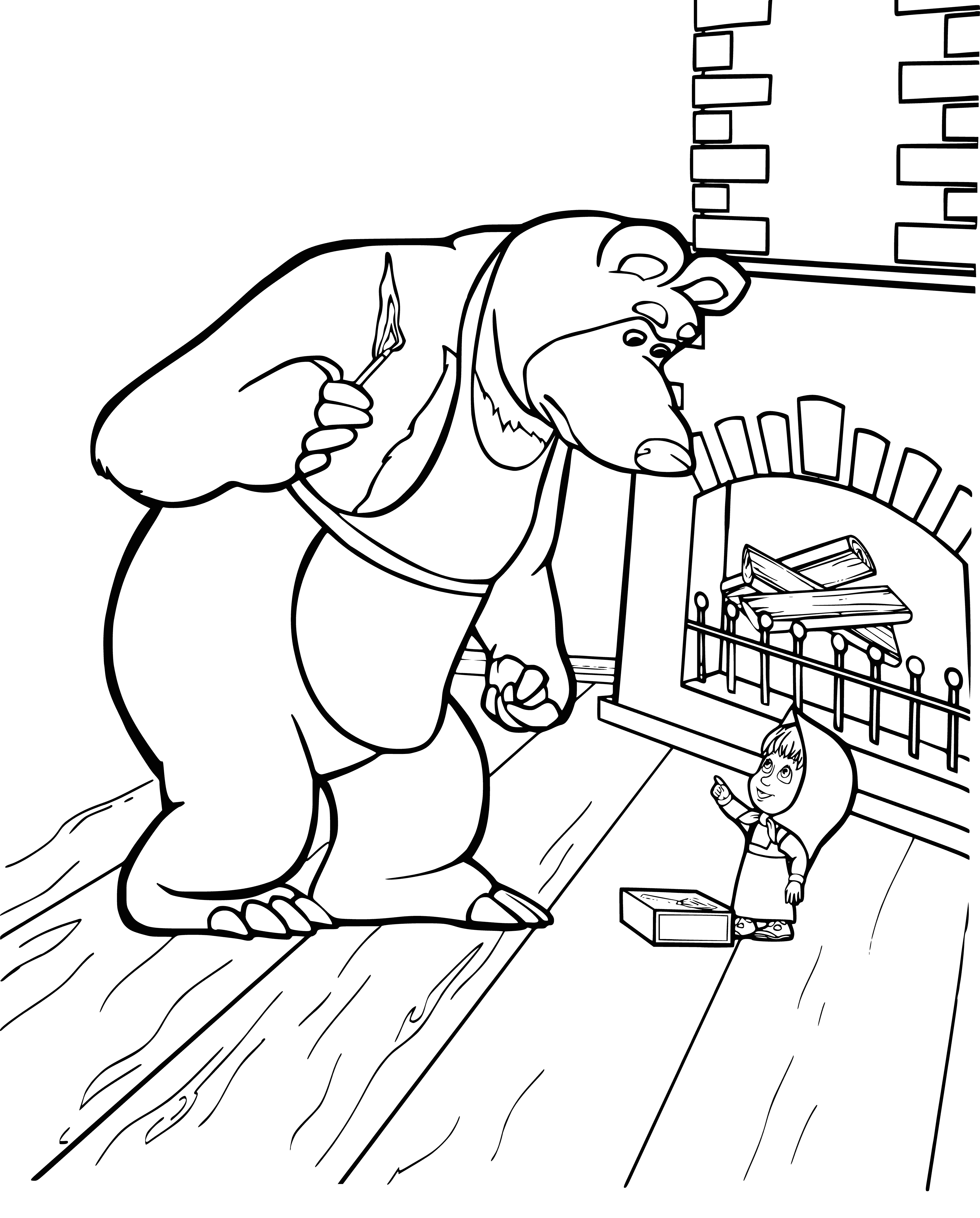 coloring page: Masha sits on a bench looking at the big brown bear on a tree stump; both appear to be captivated by each other.