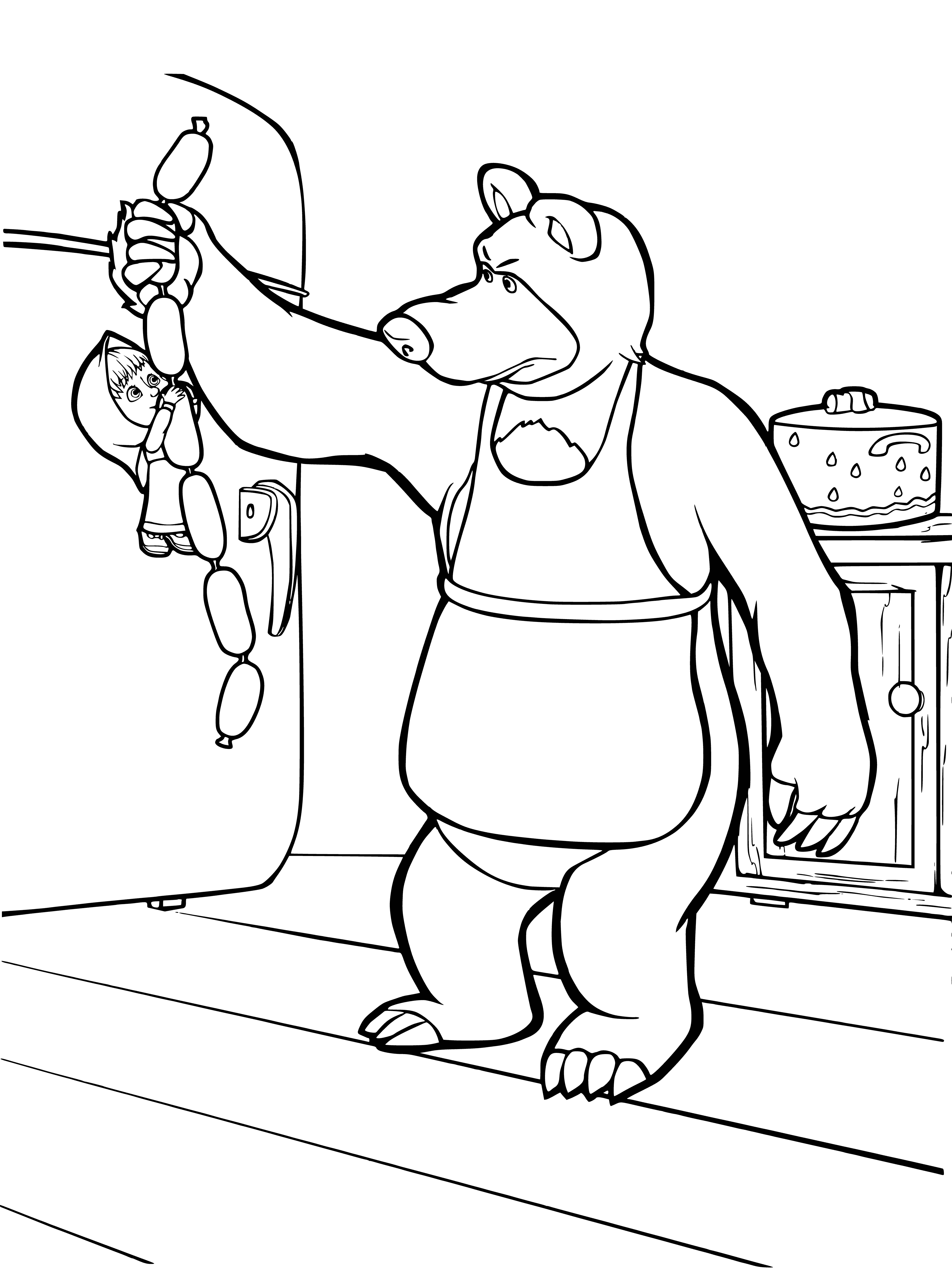 coloring page: Masha stands with sausages in hand, facing a huge bear ready to devour them.