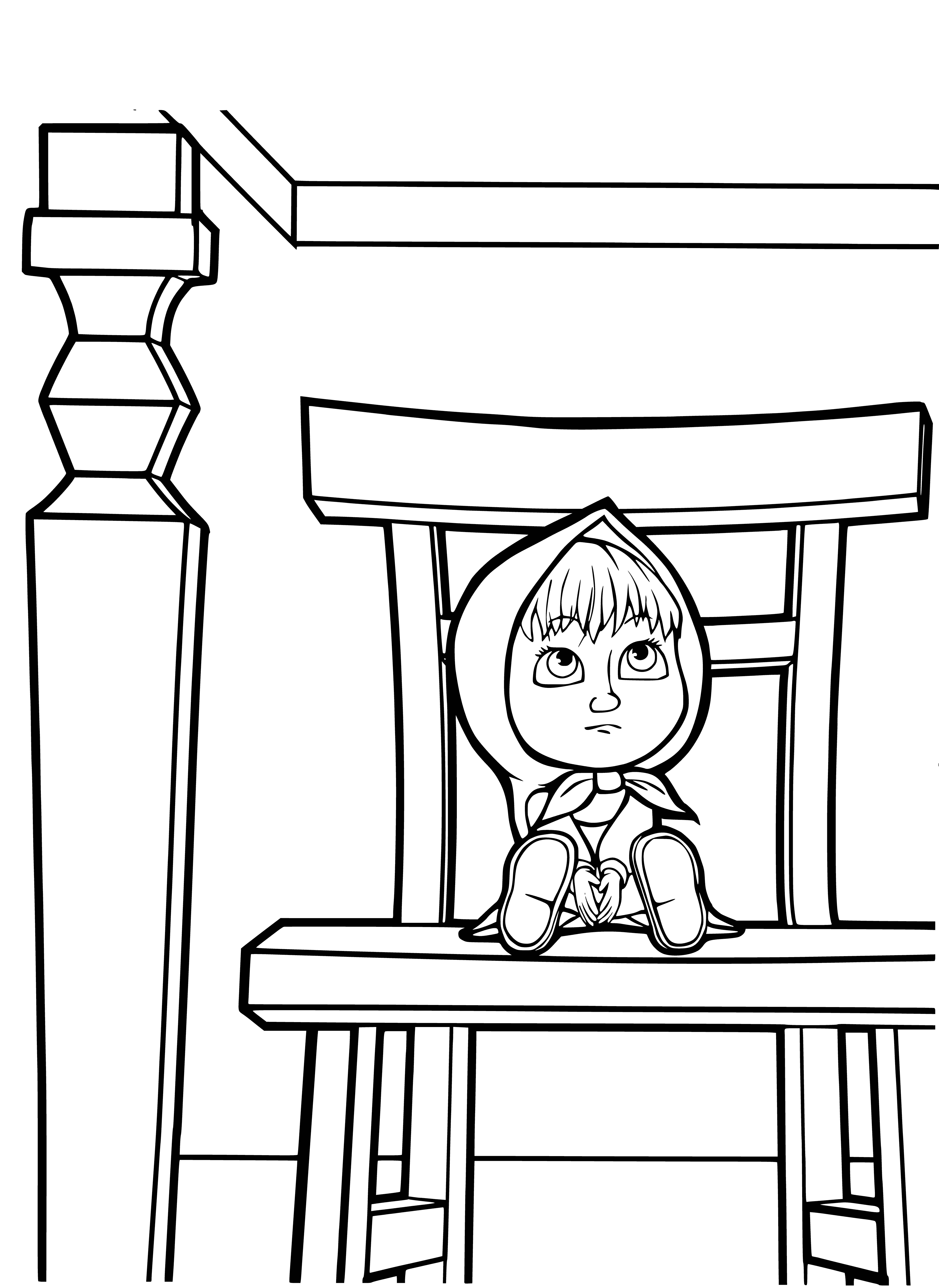coloring page: Masha sits, worrying, holding a spoon, staring at a bowl of gruel before her.