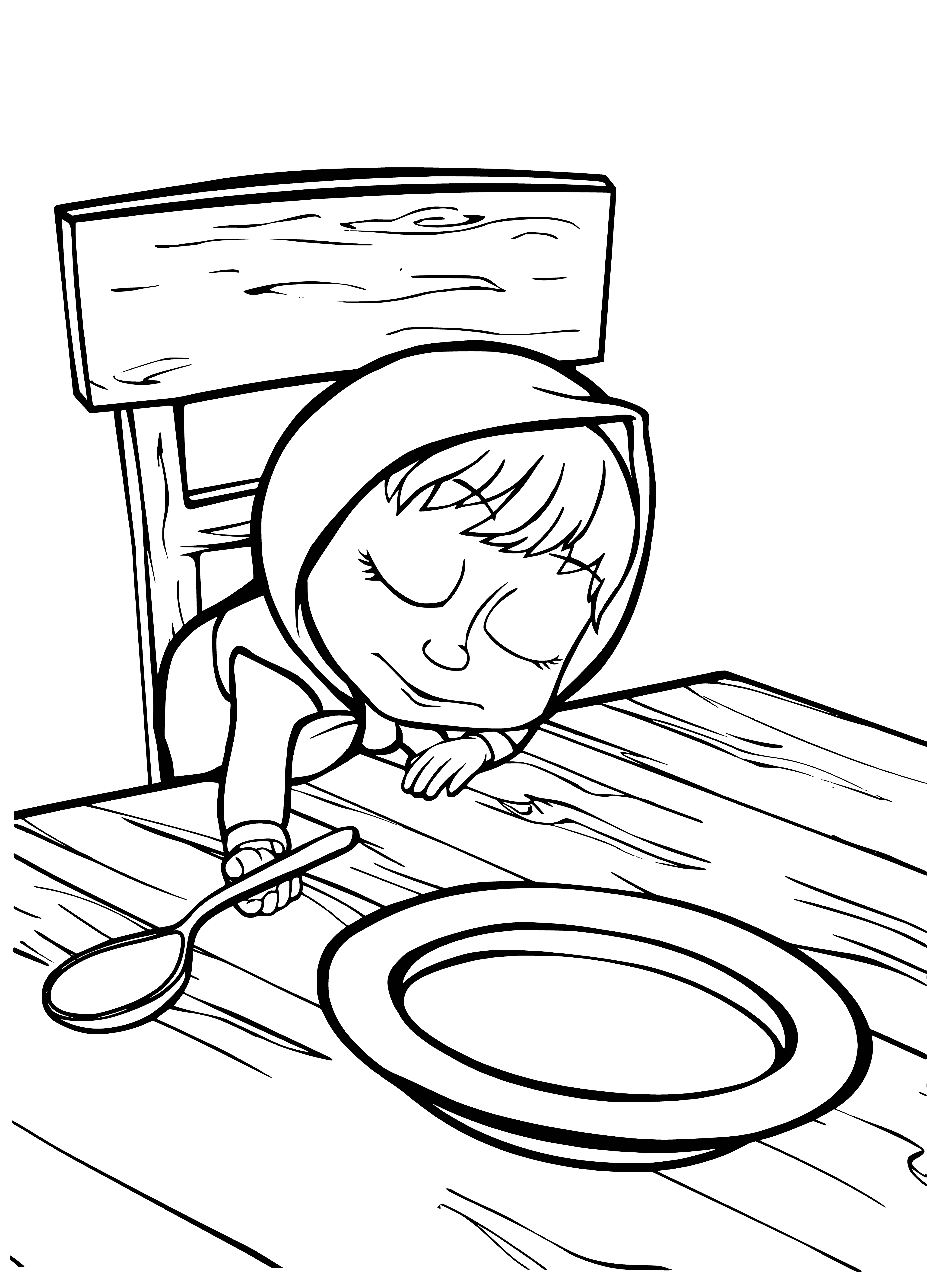 coloring page: Masha dozes off surrounded by a creative mess — unfinished drawings, crayons & spilled juice.