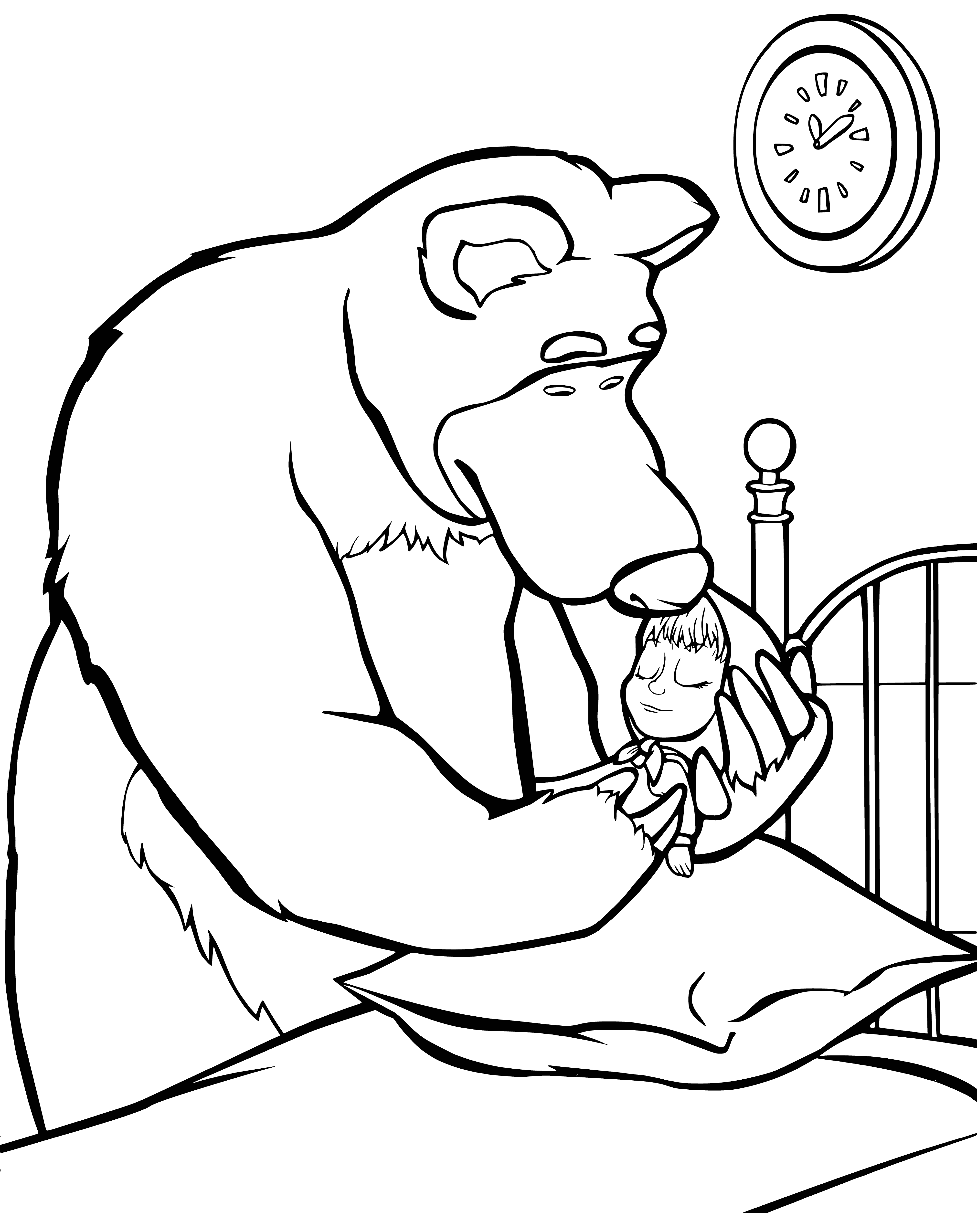 coloring page: She's scared at first, but the bear starts playing with her and they become friends.

Masha & Bear become friends after playing together; she's scared, but he lays her gently on the ground.