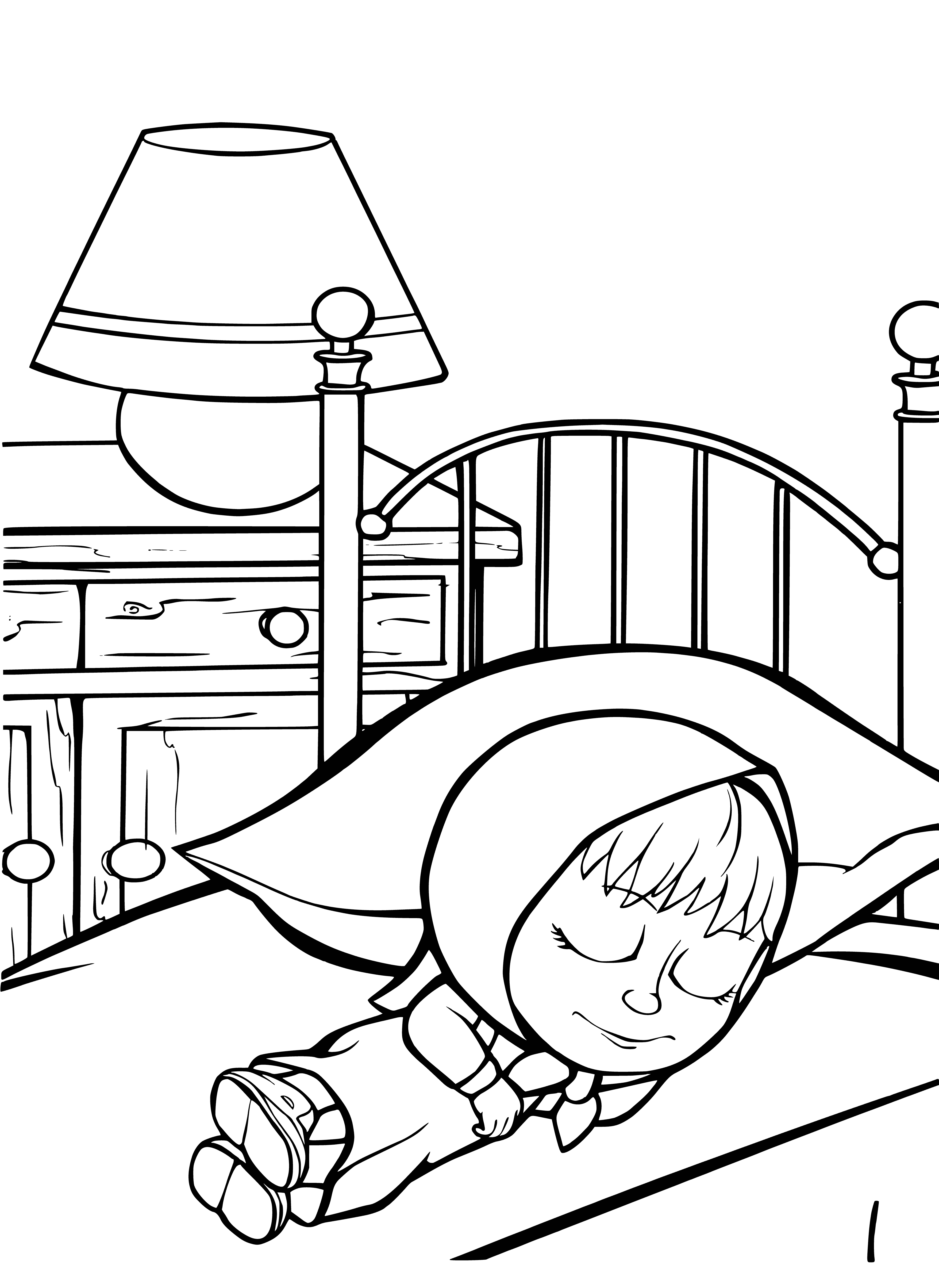 coloring page: Masha sleeps soundly cuddled close to her teddy bear, peaceful and content.