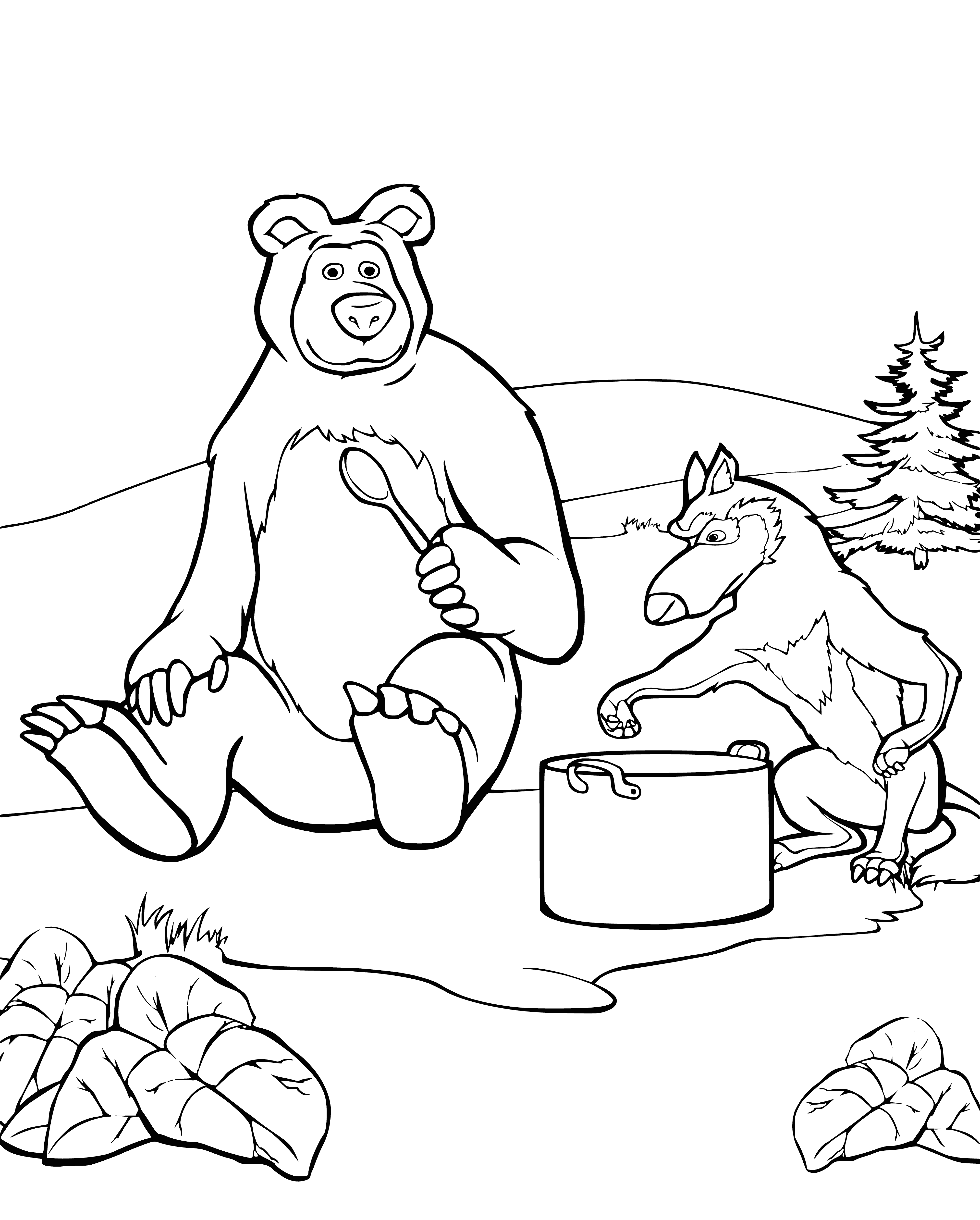 coloring page: Bear & Wolf sit side-by-side, Wolf eats porridge from a bowl on the table in this coloring page.