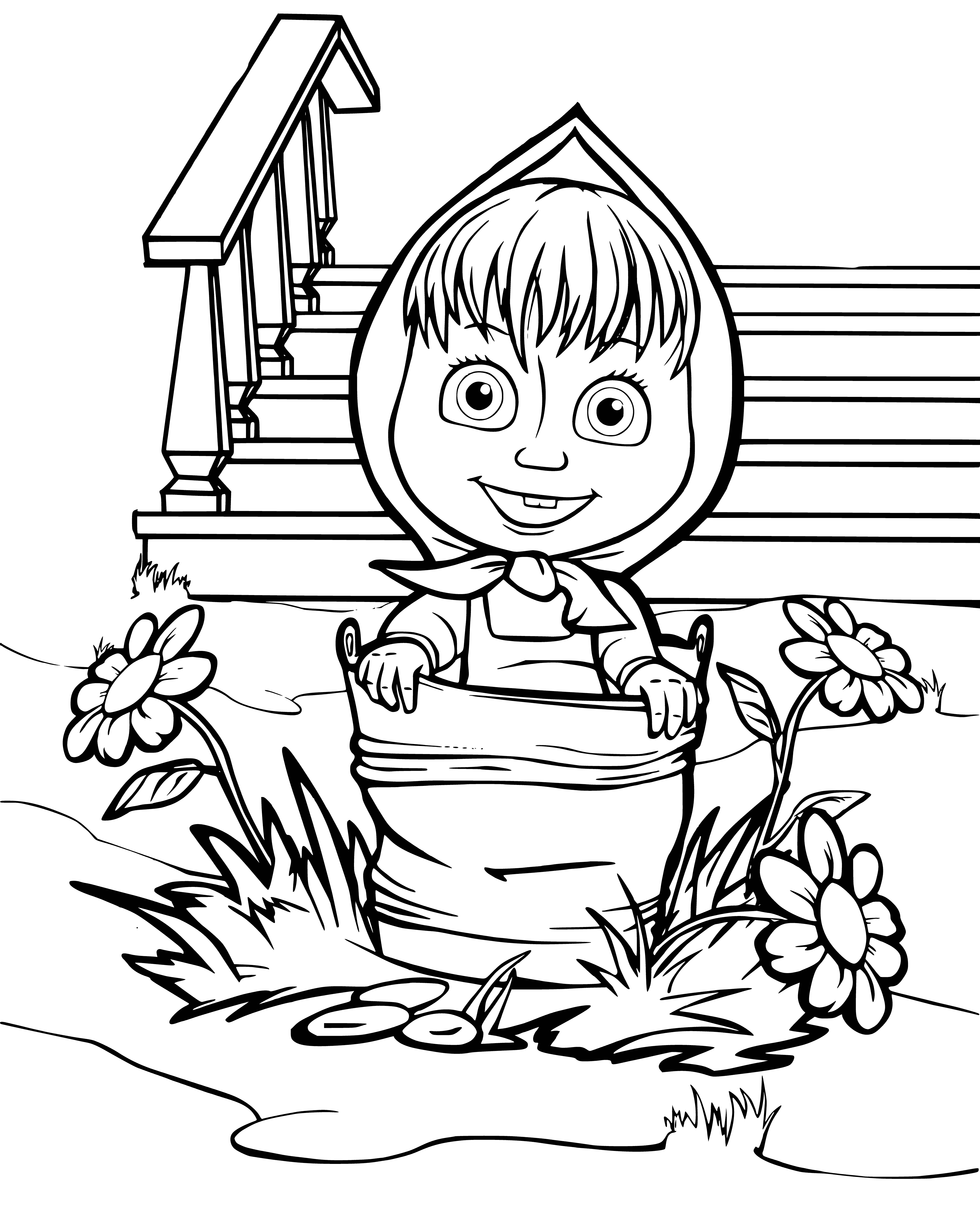 coloring page: Masha hugs a bear while wearing a red dress in a coloring page.