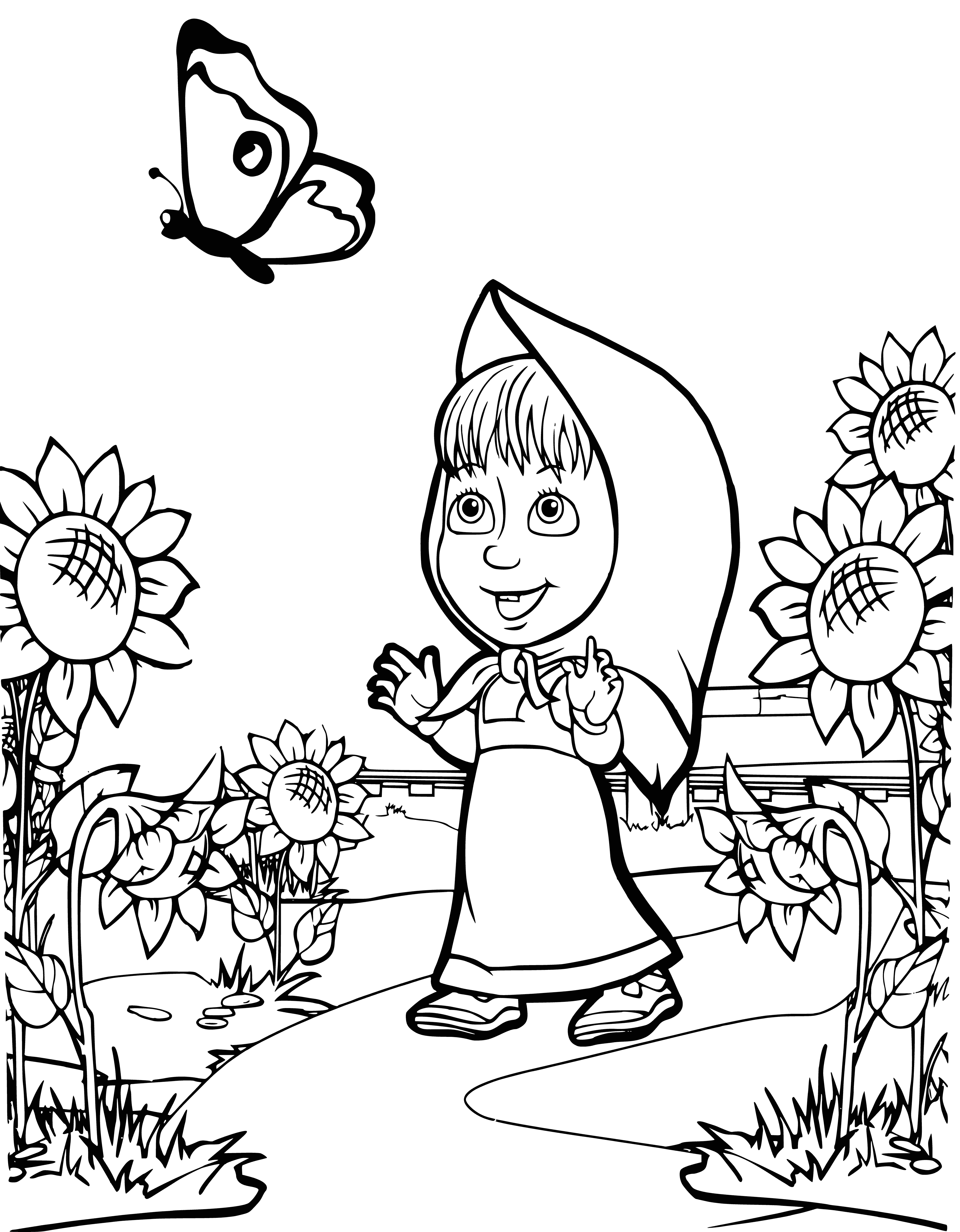 coloring page: Masha has a butterfly net, wearing a purple dress, and is surrounded by butterflies in the coloring page.