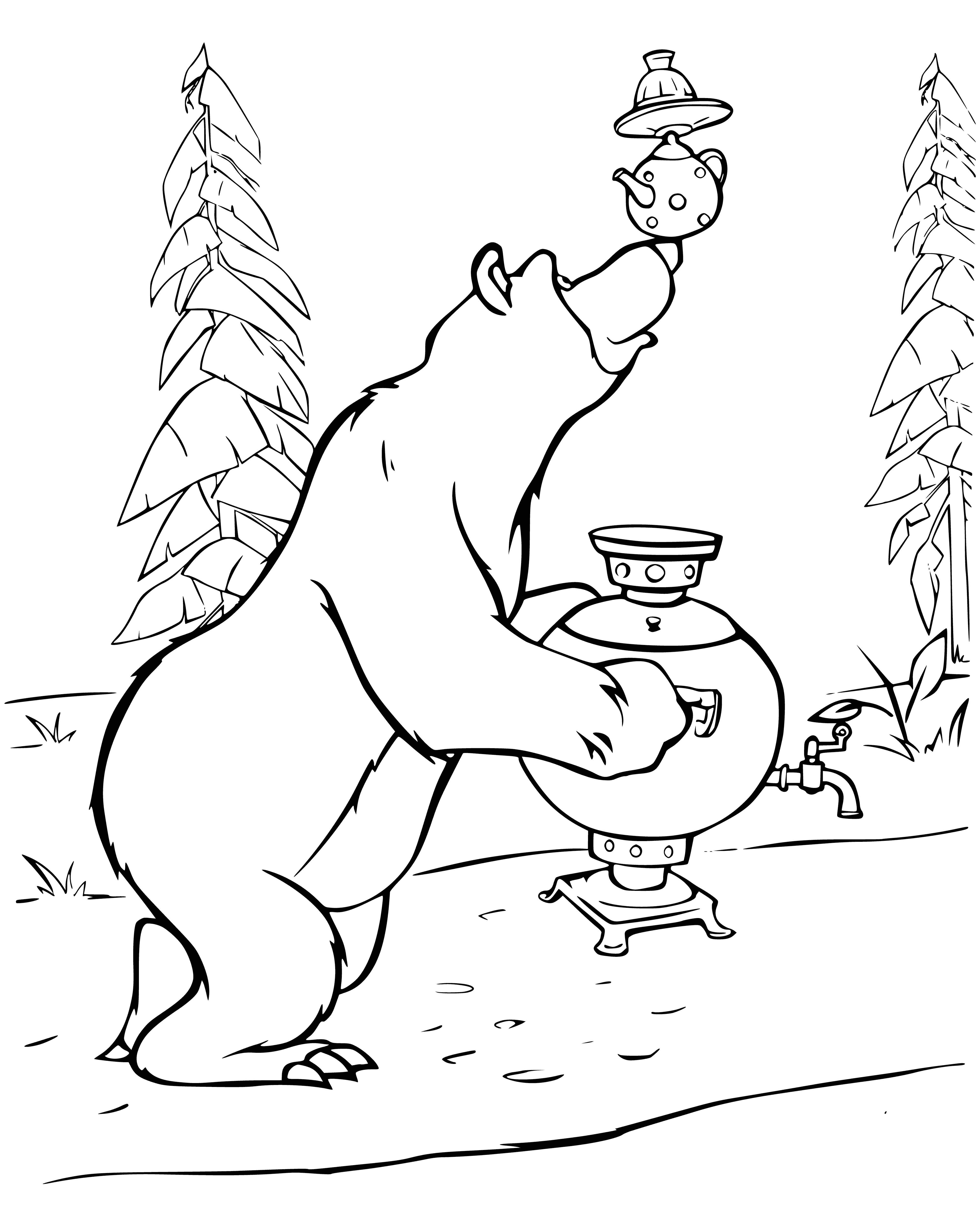 coloring page: Bear with bright scarf stirring pot with metal spoon.