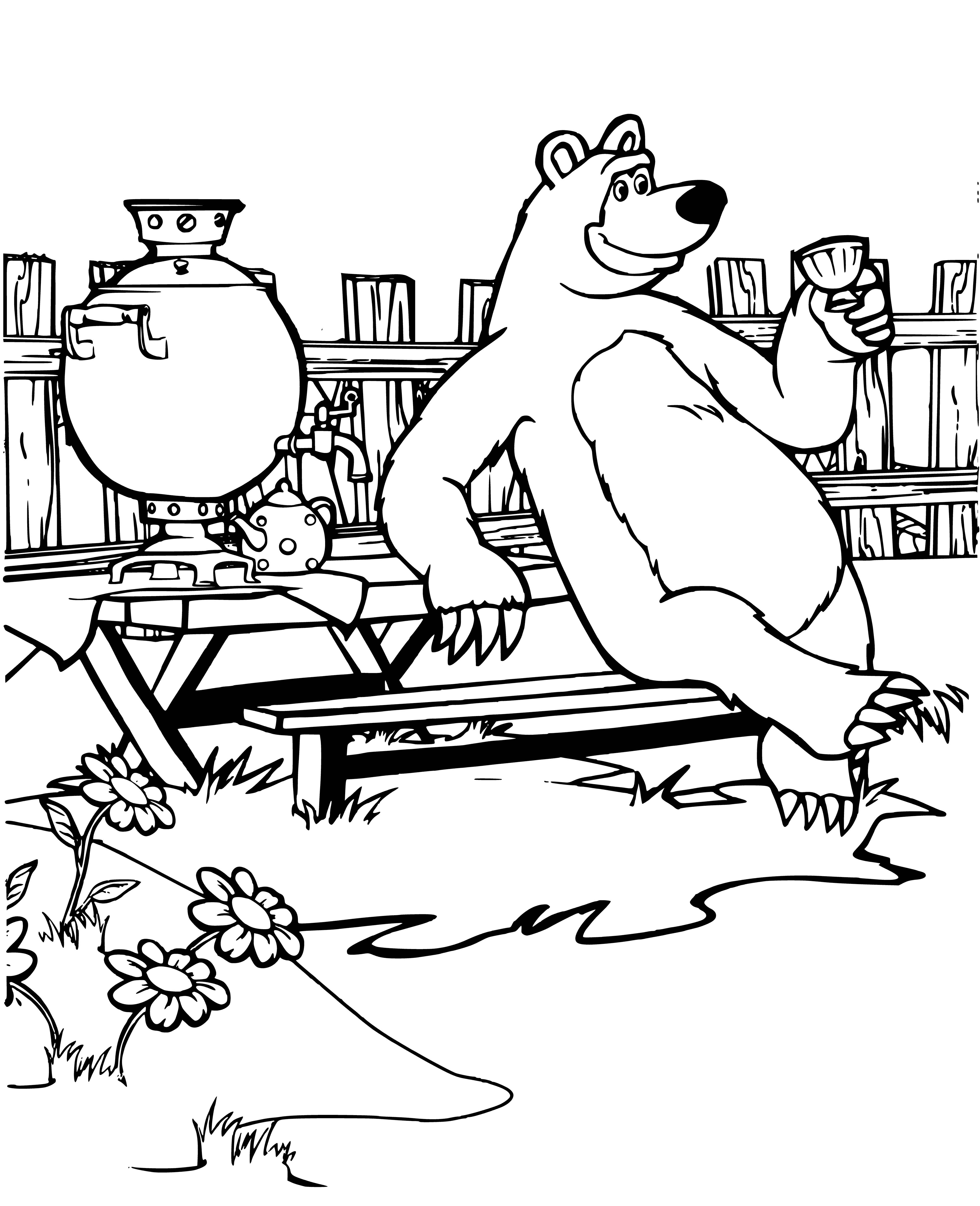 coloring page: Girl pours tea for stern-looking bear on coloring page. He doesn't seem pleased.