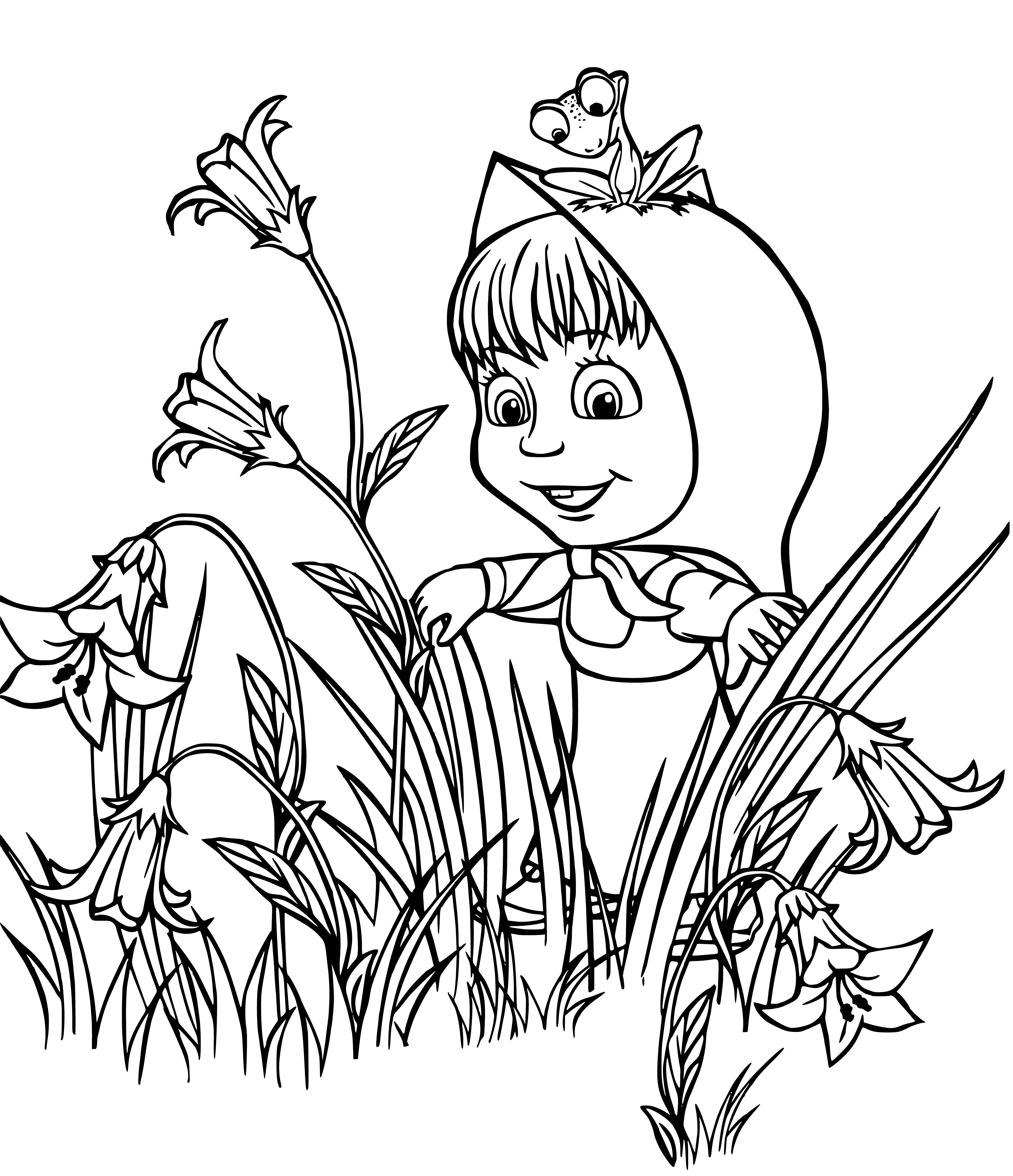 coloring page: Masha is a mischievous girl wearing a red dress, with a red scarf, standing in front of a large tree, looking at the camera.
