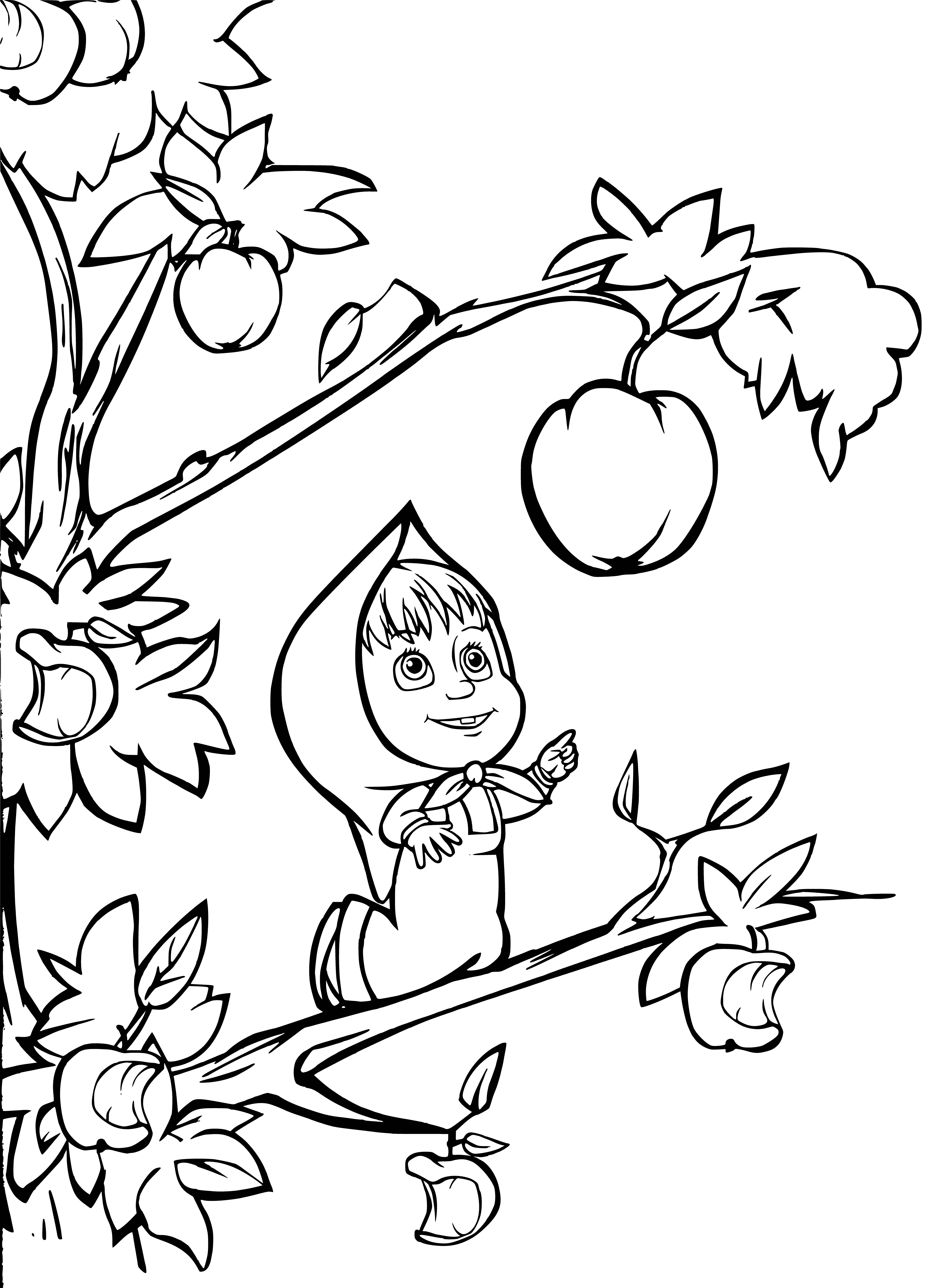 coloring page: Masha at a big red apple on a tree