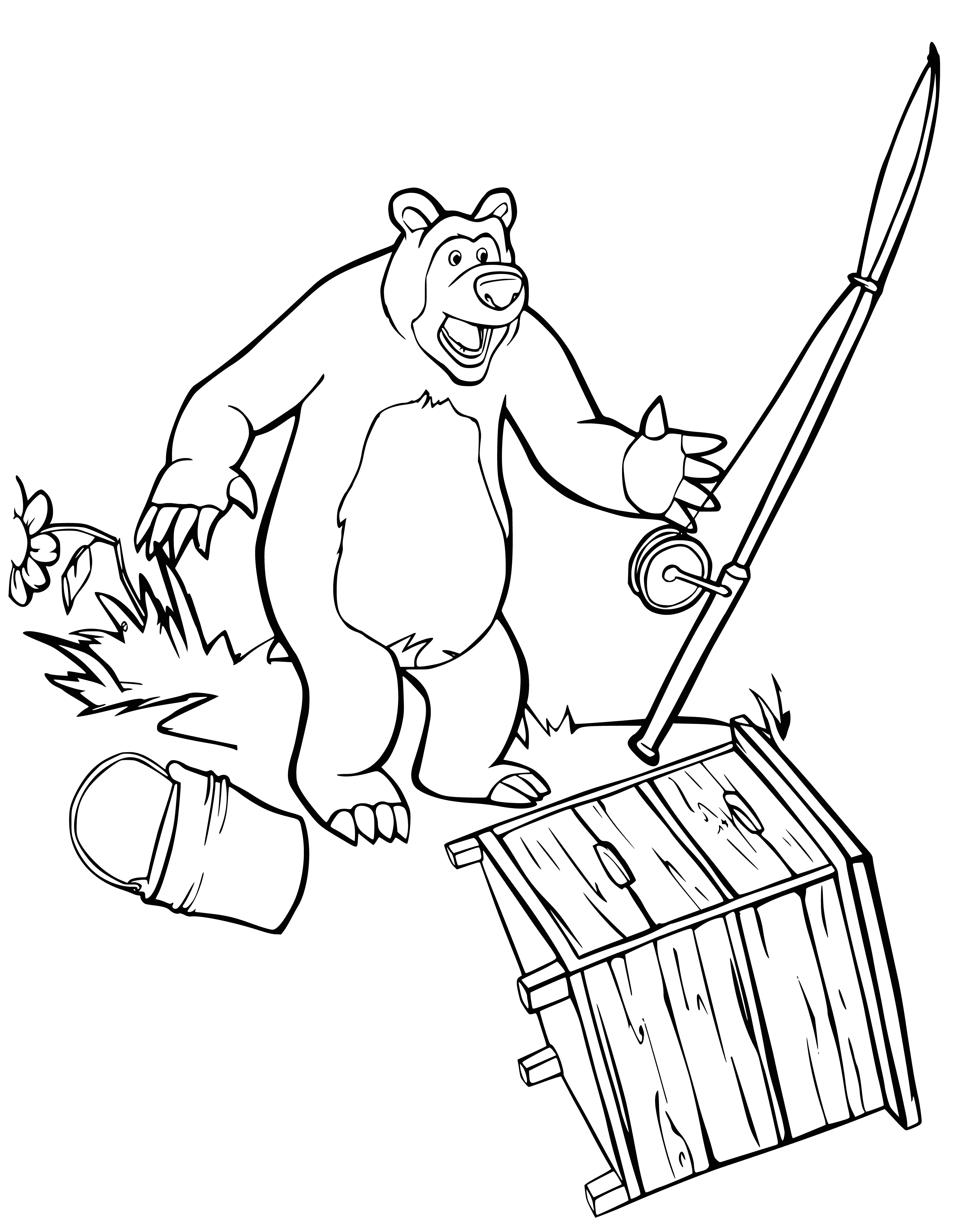 coloring page: Happy bear stands on dock, fishing pole in hand. Wears red and white striped shirt, looks content. #bearlife