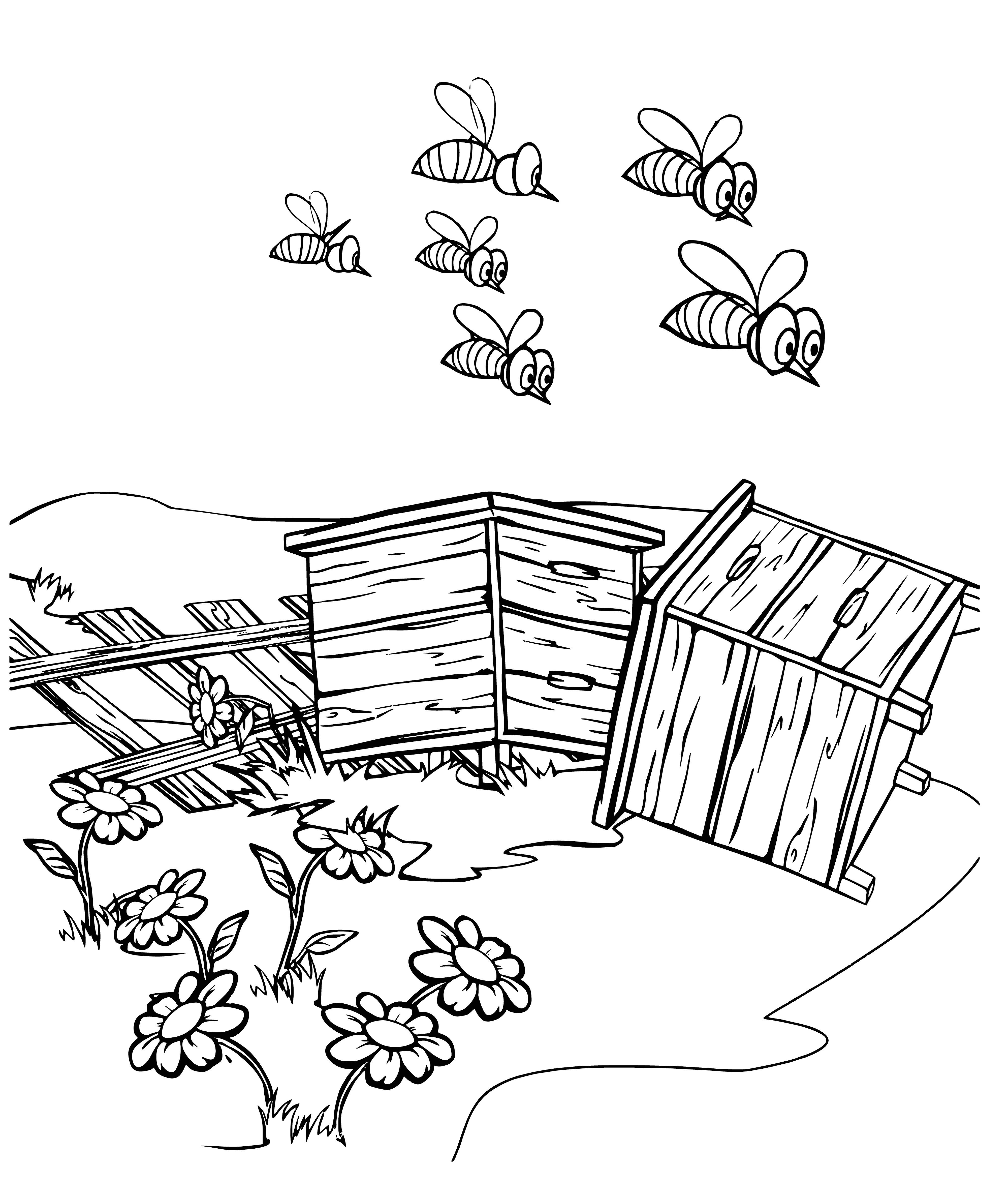 coloring page: Masha faces a swarm of angry bees ready to attack.