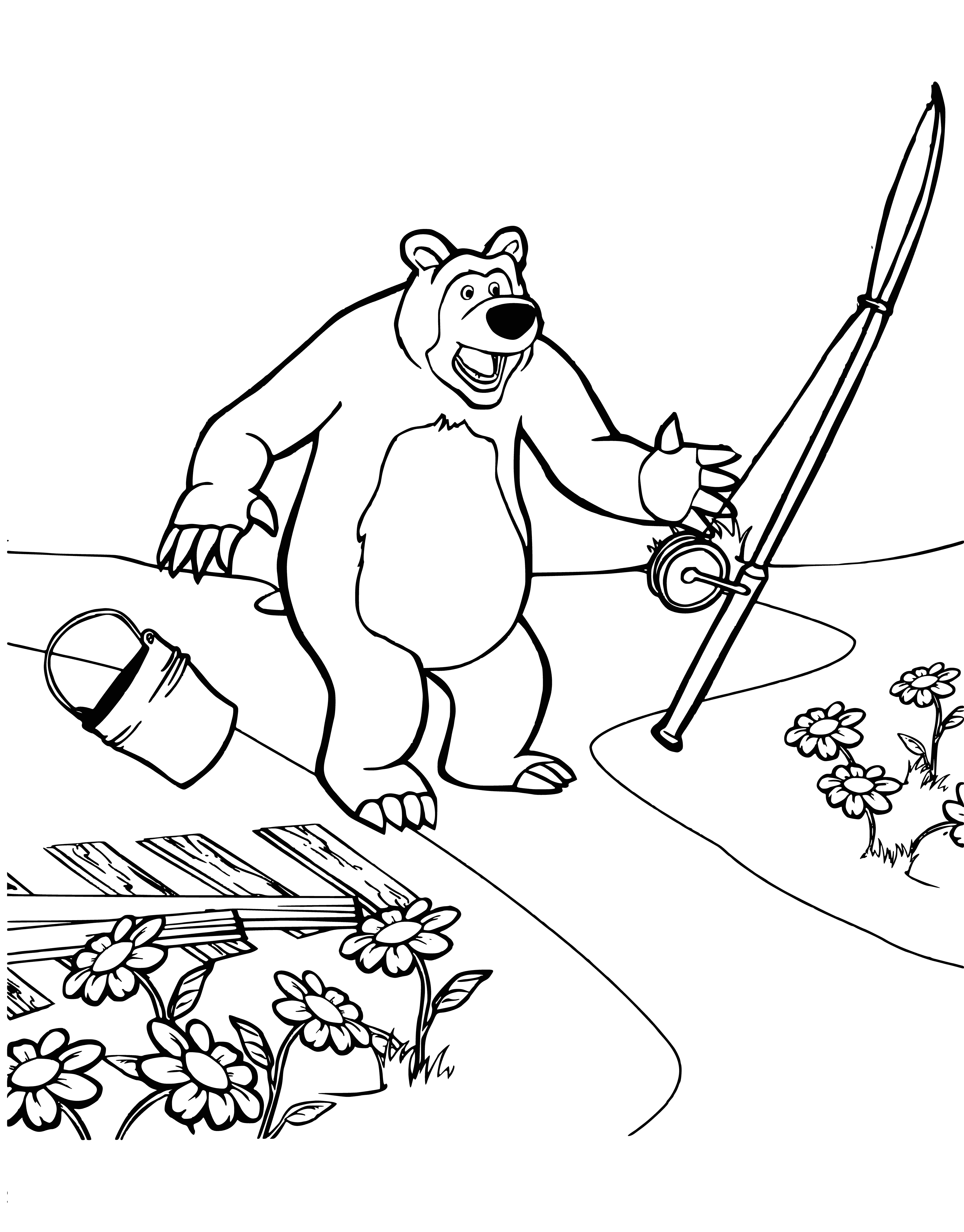coloring page: Masha stands pointing, scared, at the shocked bear sitting on the ground, mouth open.