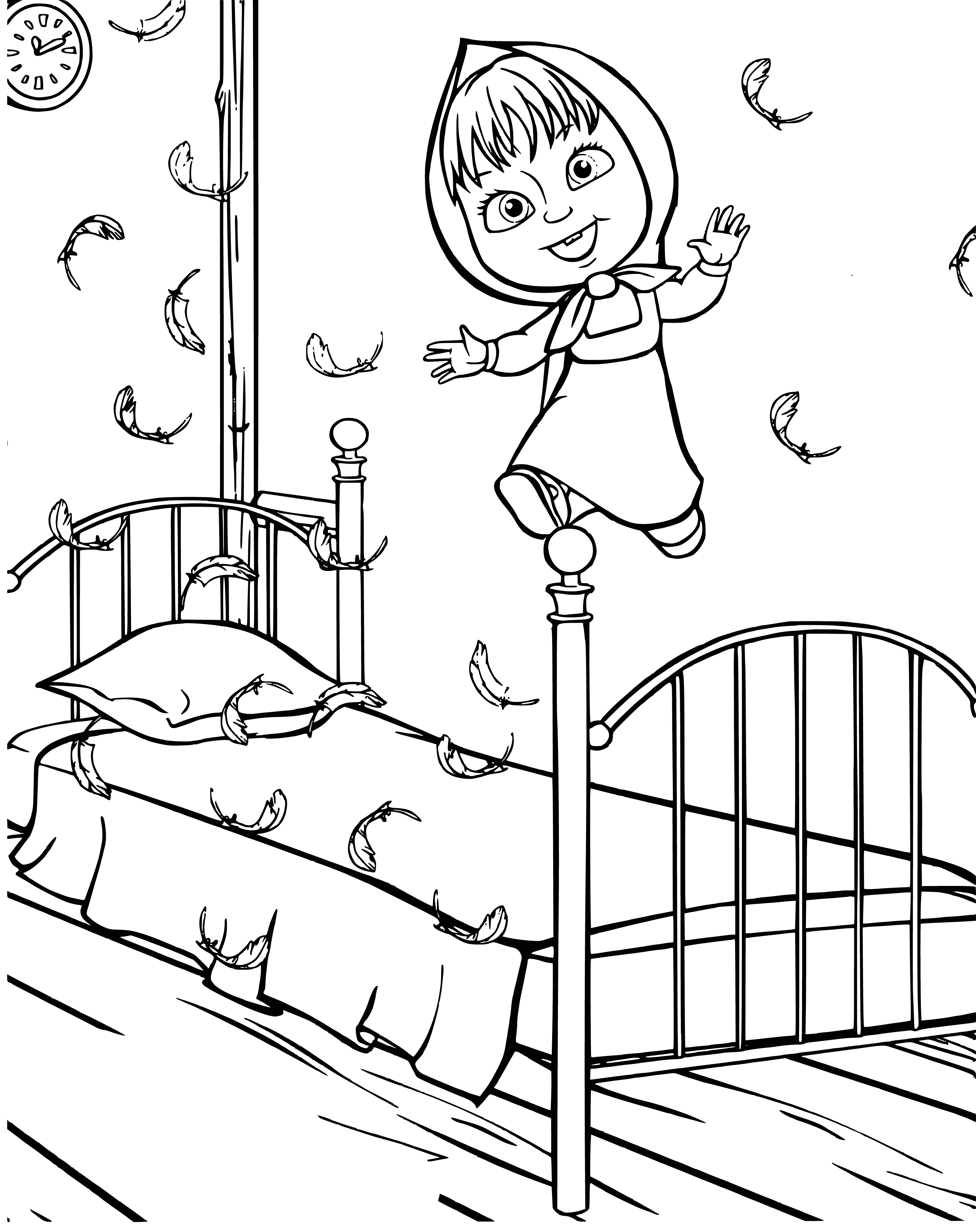 coloring page: Masha is a dark-haired girl smiling while standing on a bed next to a big brown bear with a big smile.
