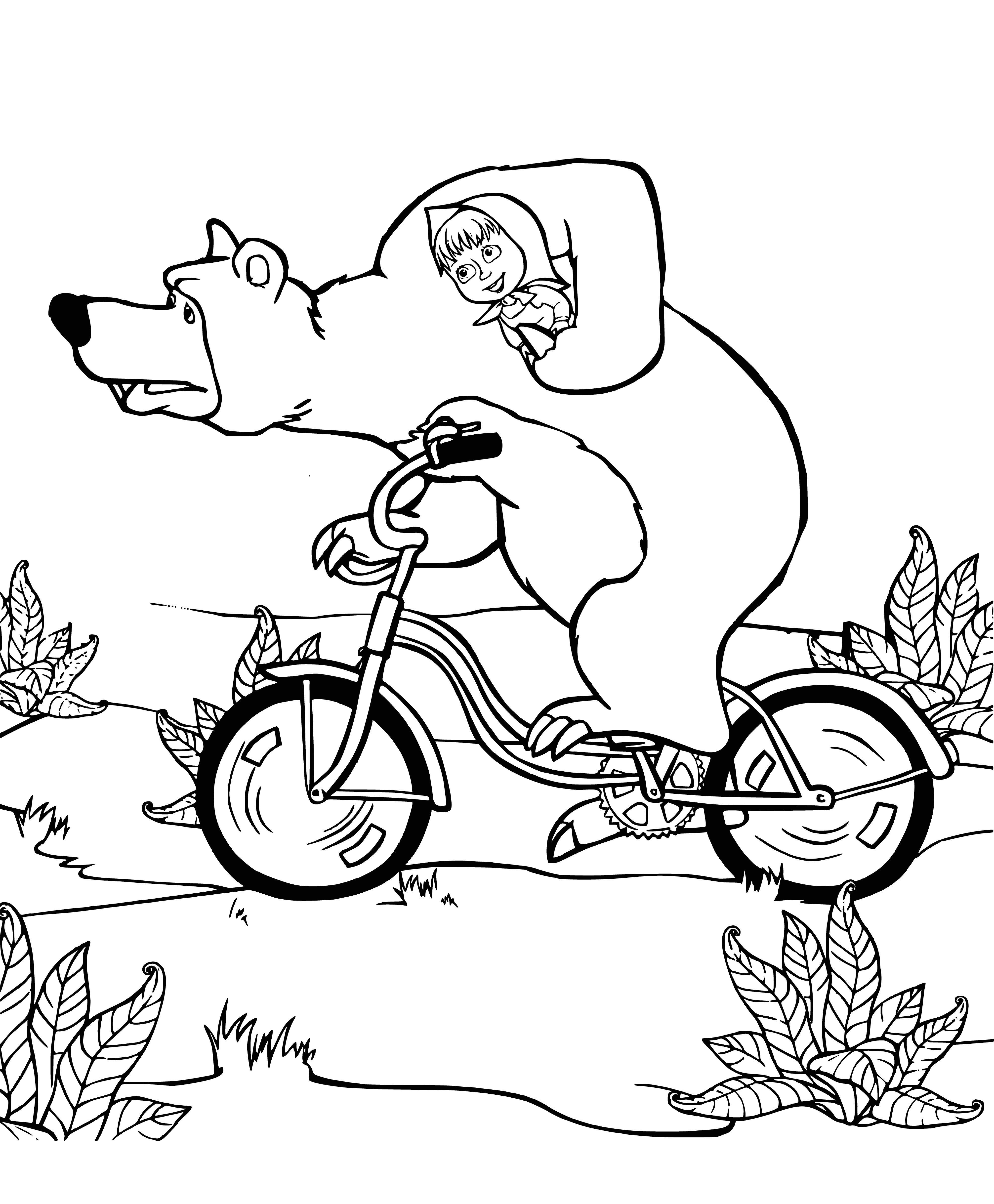 coloring page: Bear and Masha ride bike together, Masha shouting and waving her arms, Bear serious but pedaling and enjoying ride.