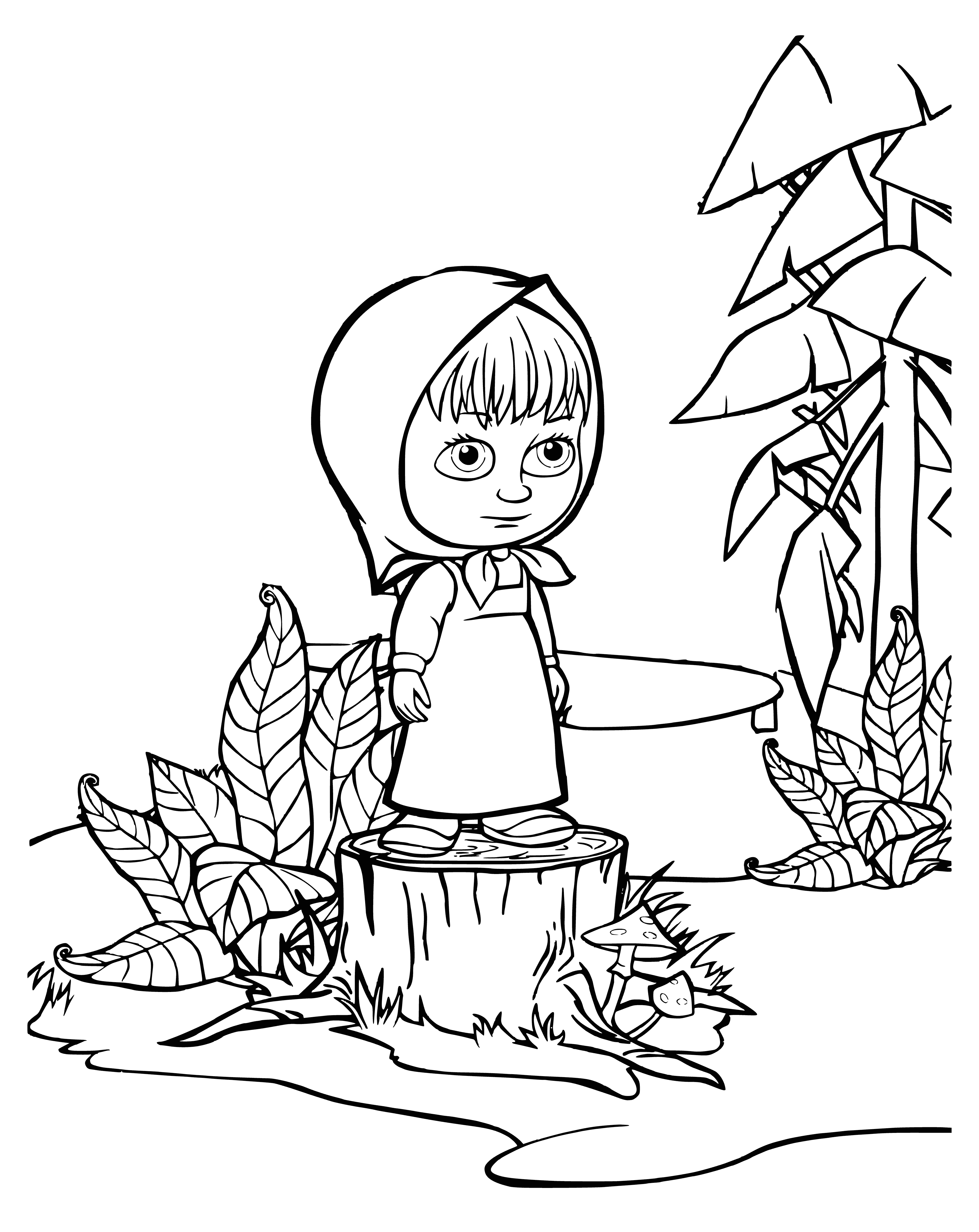 coloring page: Masha looks sadly up at bear standing on stump, arms outstretched. Bear looks down at her.