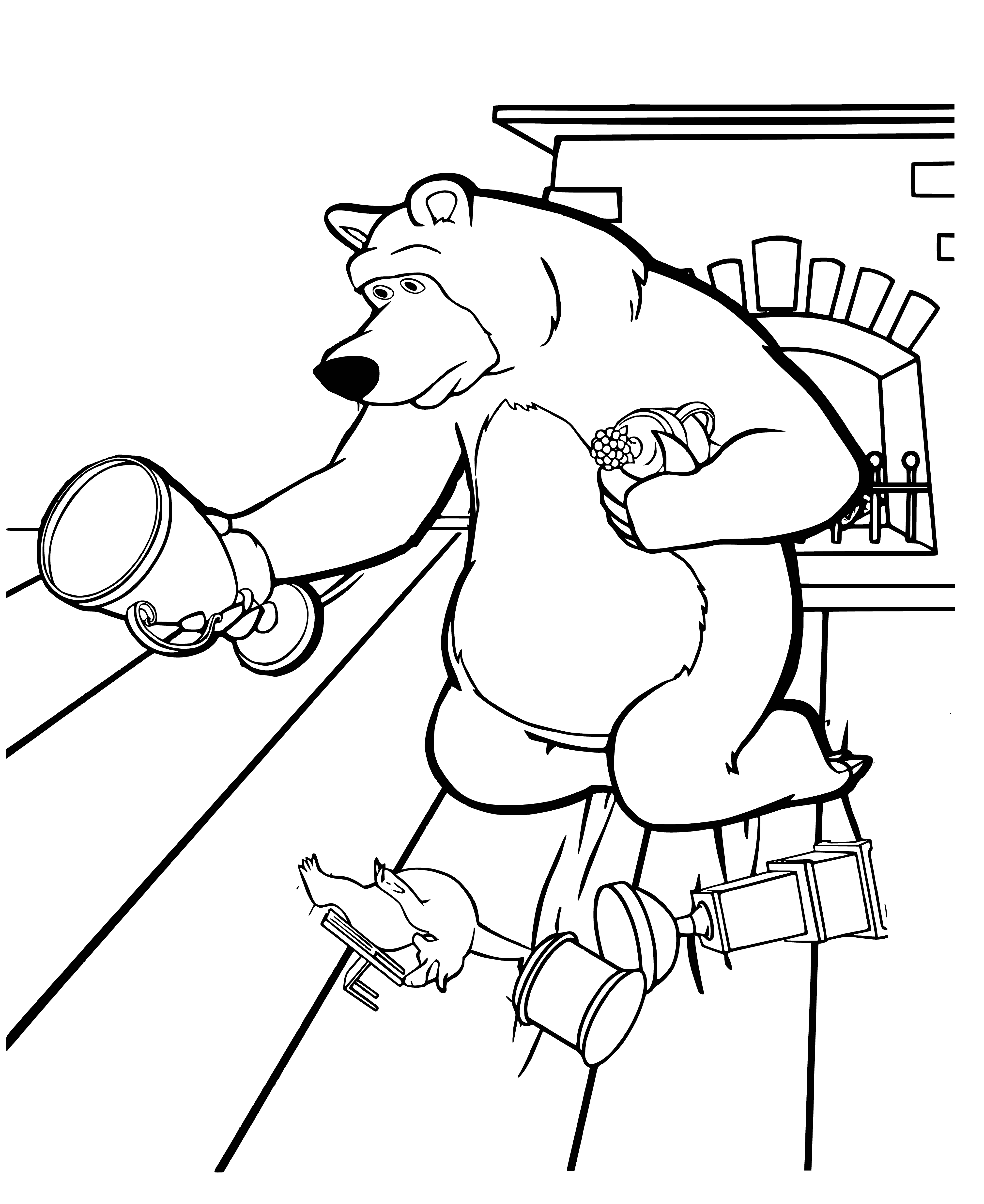 coloring page: Bear helps Masha clean up mess, holding broom and standing on a stool. Masha watches nearby.