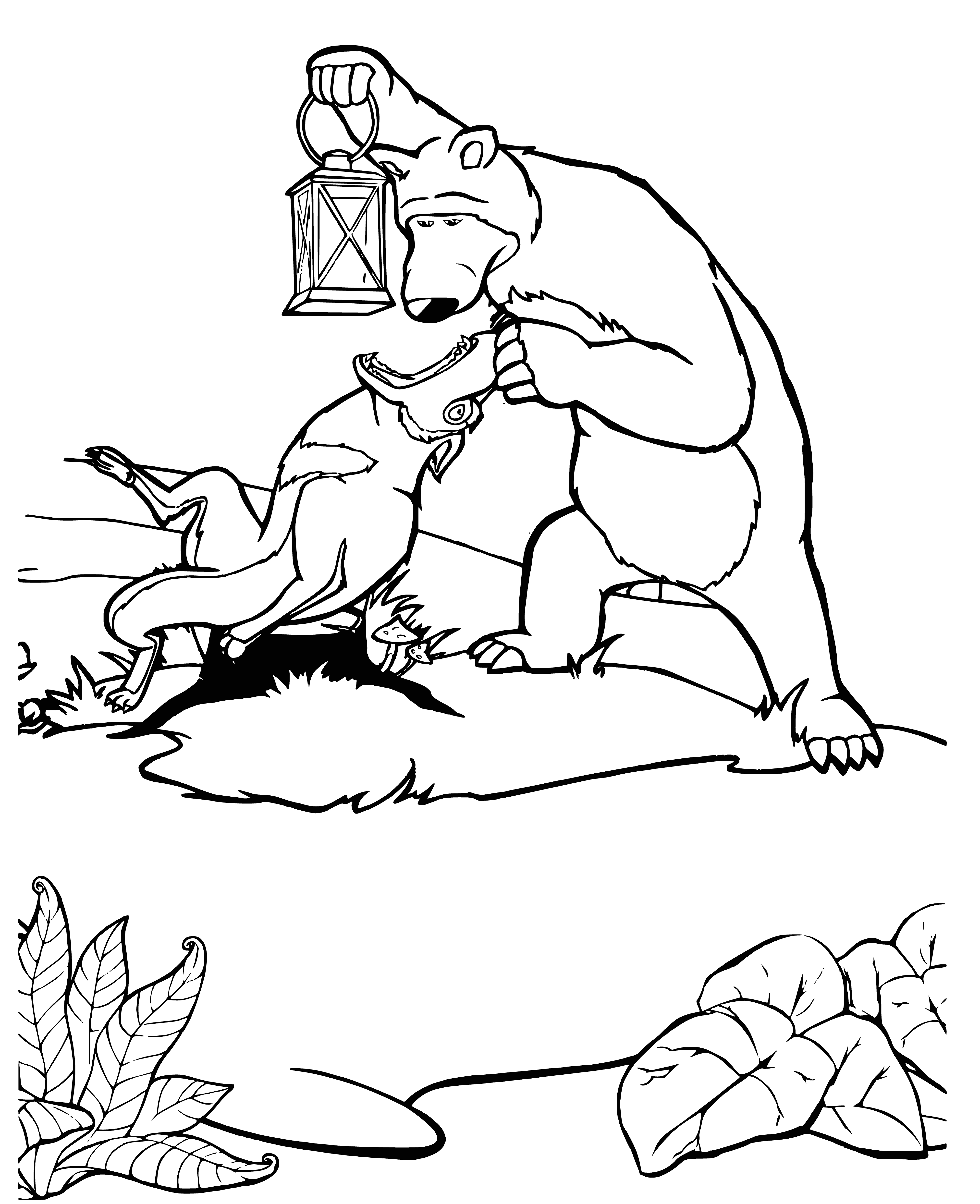 coloring page: Masha is crying and the Bear is consoling her; the Wolf has eaten her in the coloring page.