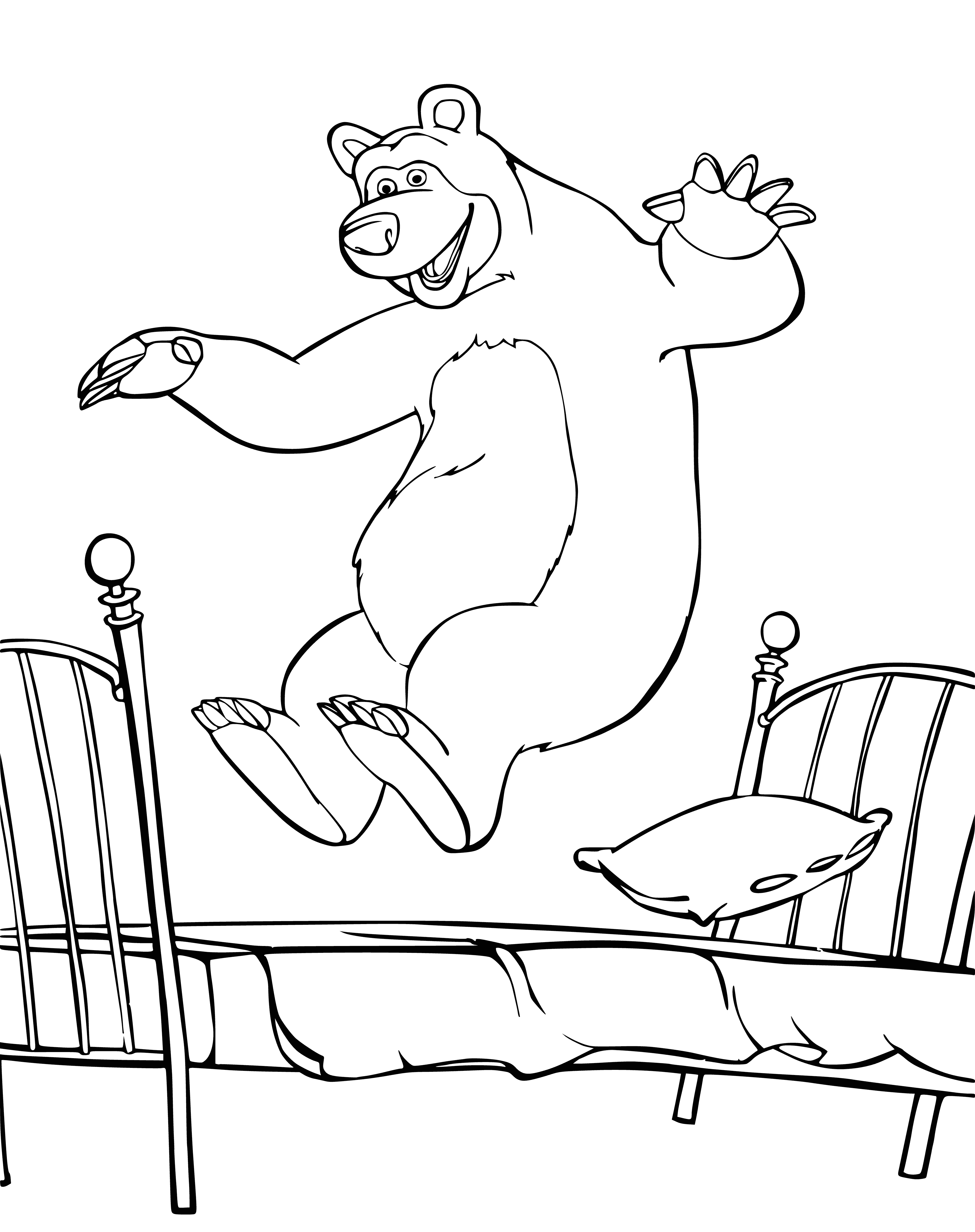 coloring page: Masha laughs as bear stands on hind legs, reaches arms up, tongue out. She is holding her hands up, big smile on face.