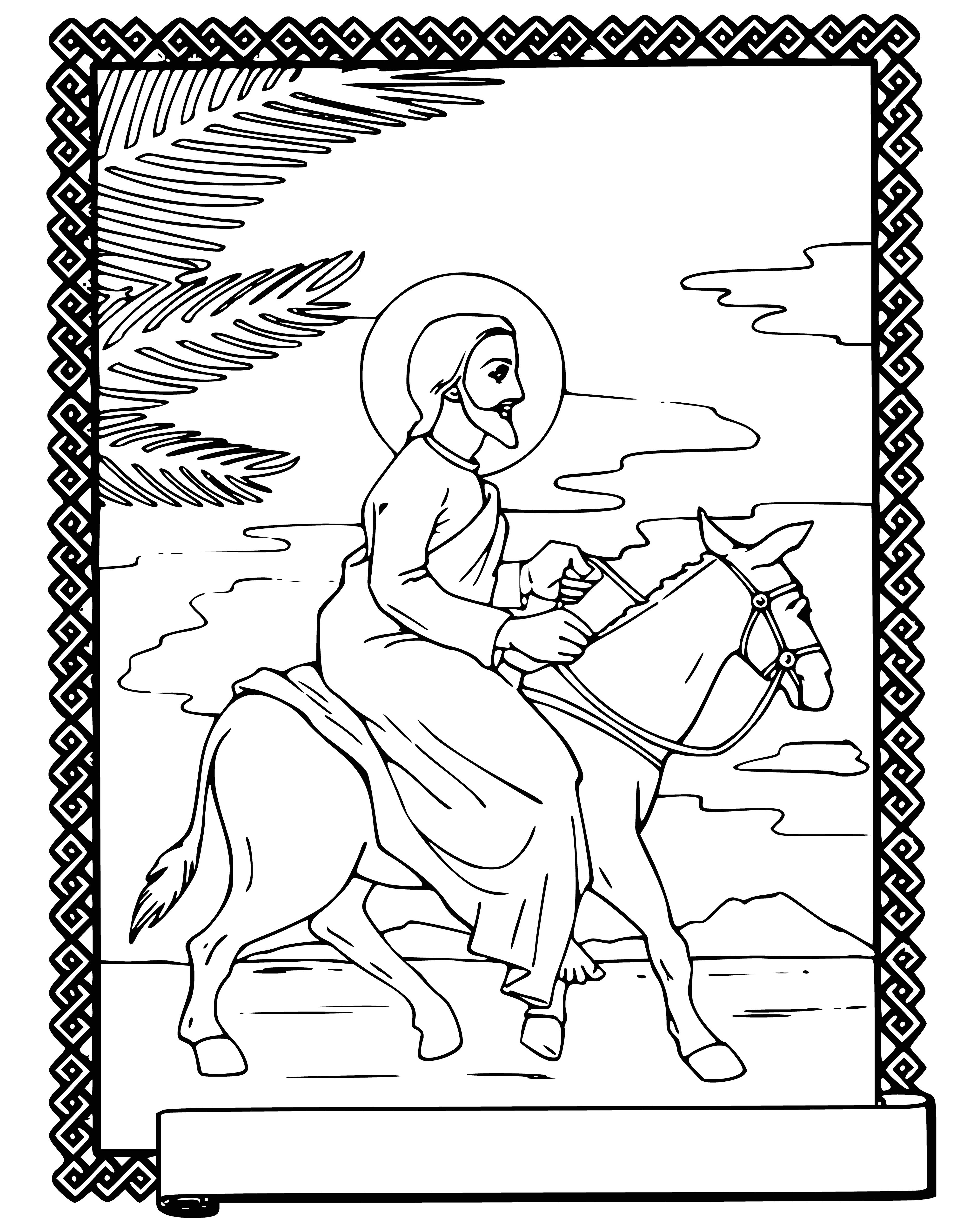 coloring page: Carrying palm/olive branches & singing, people walk towards golden gates with angels & trumpets in the sky - celebrating the Entry of the Lord into Jerusalem.