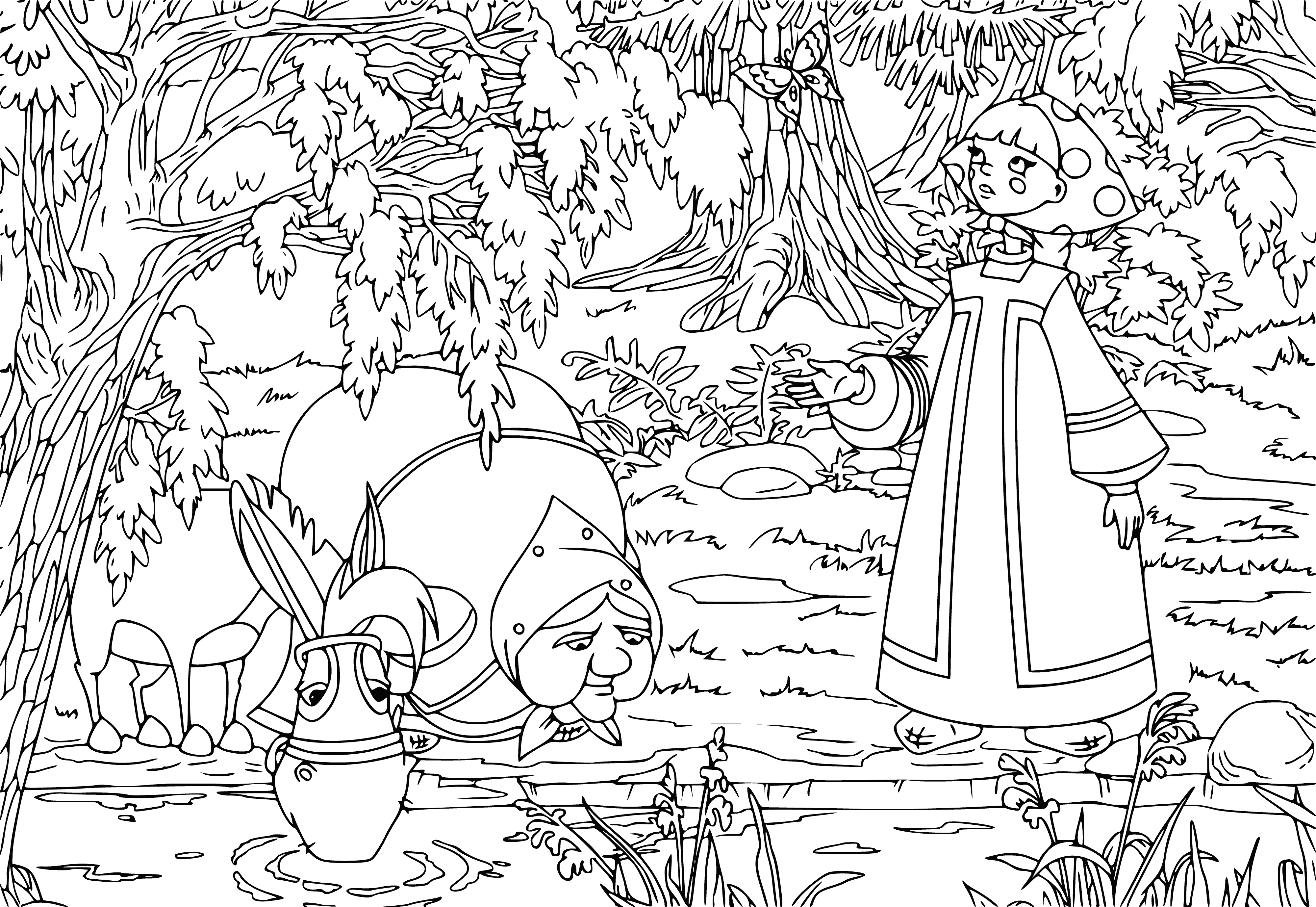 coloring page: Alyosha Popovich and Tugarin confront in a field; Popovich armed with stick, sword, nanny and Lyubasha behind.