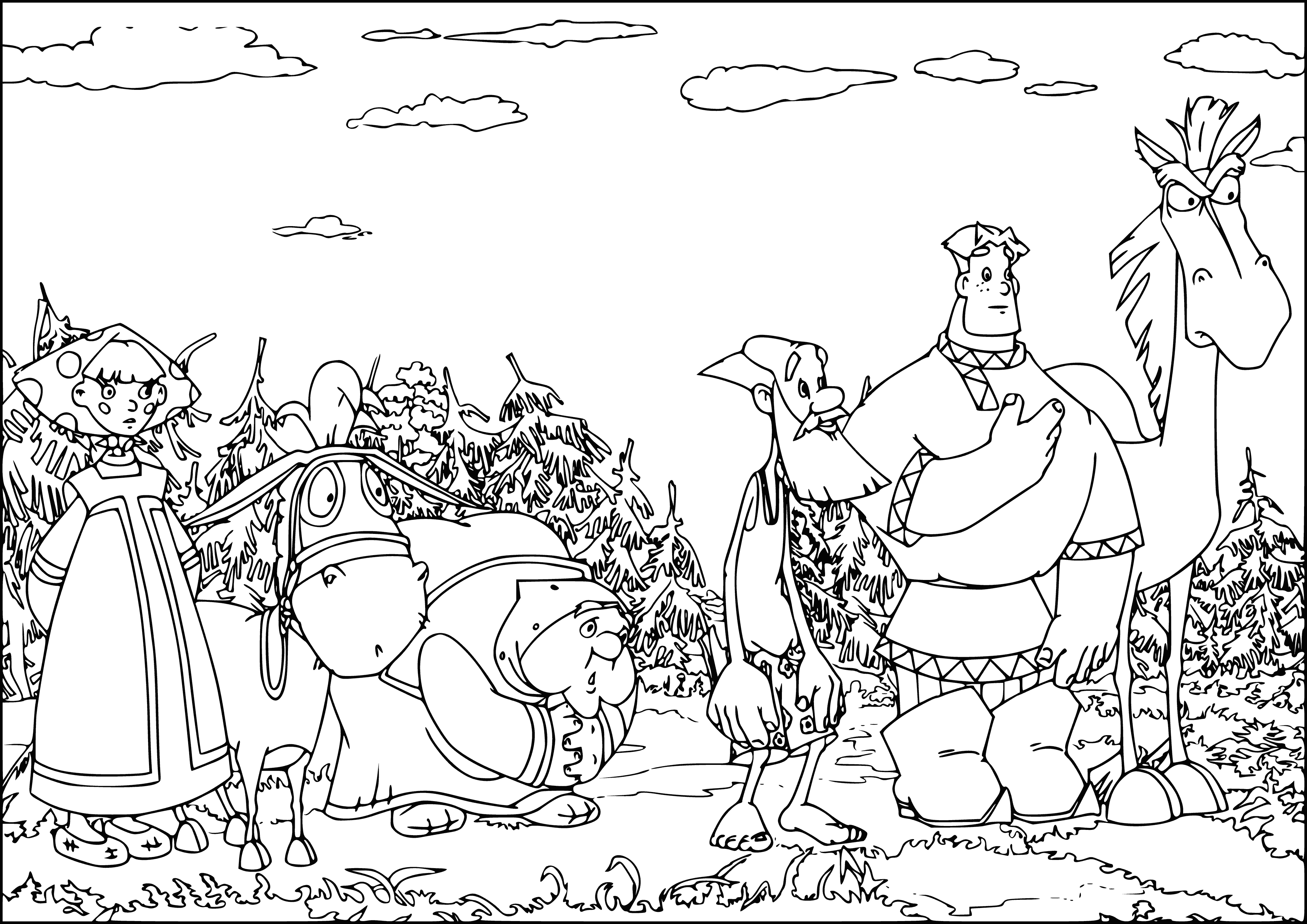 coloring page: Alyosha and Tugarin are in a standoff, with Alyosha armed and Prokhor anxiously looking on. The woman tries to calm him while Alyosha is determined to win.