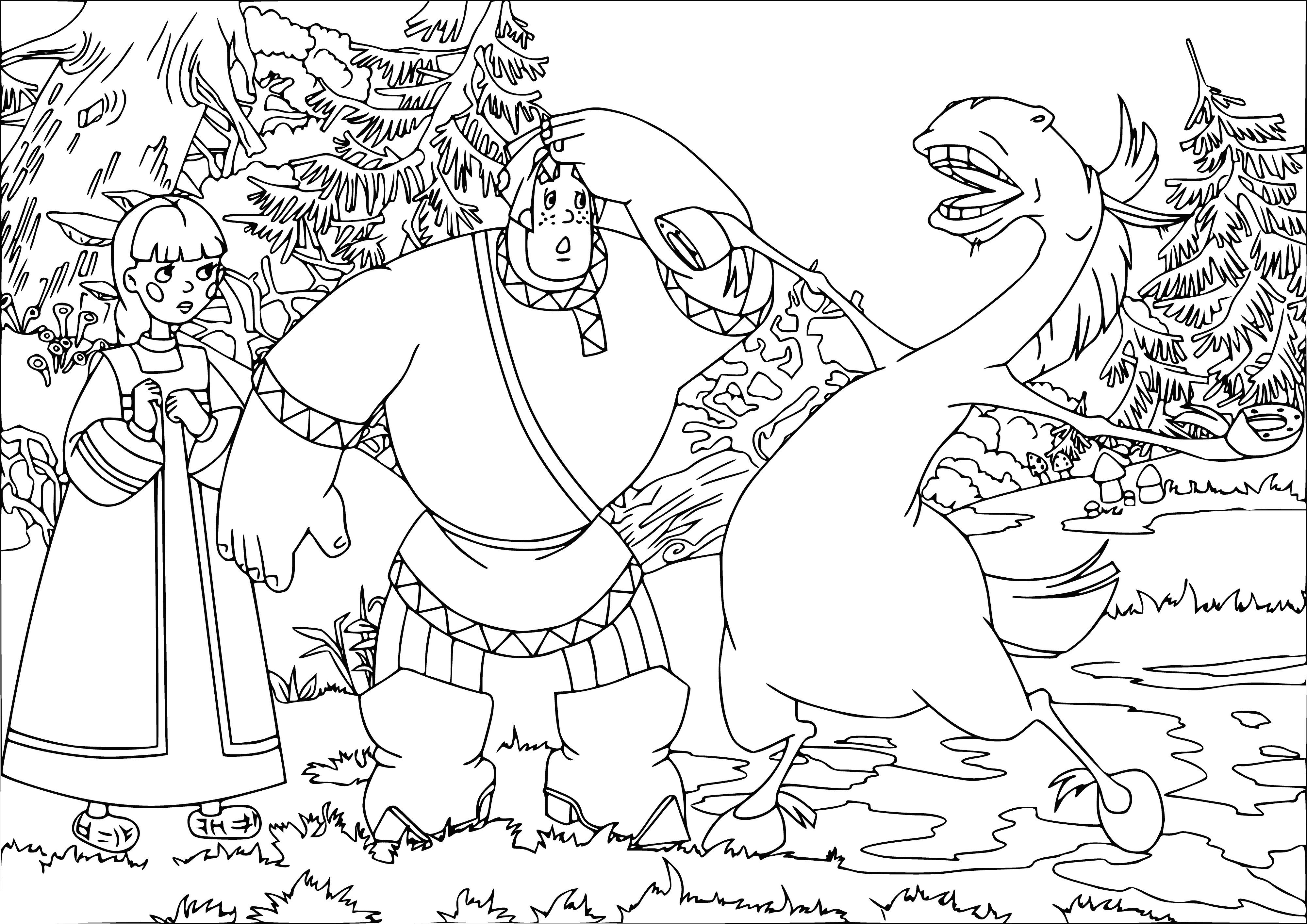 coloring page: Alyosha Popovich rides a talking horse, Caesar, as Tugarin the serpent wraps around them in conversation; Caesar looking calm, Tugarin serious and intense.