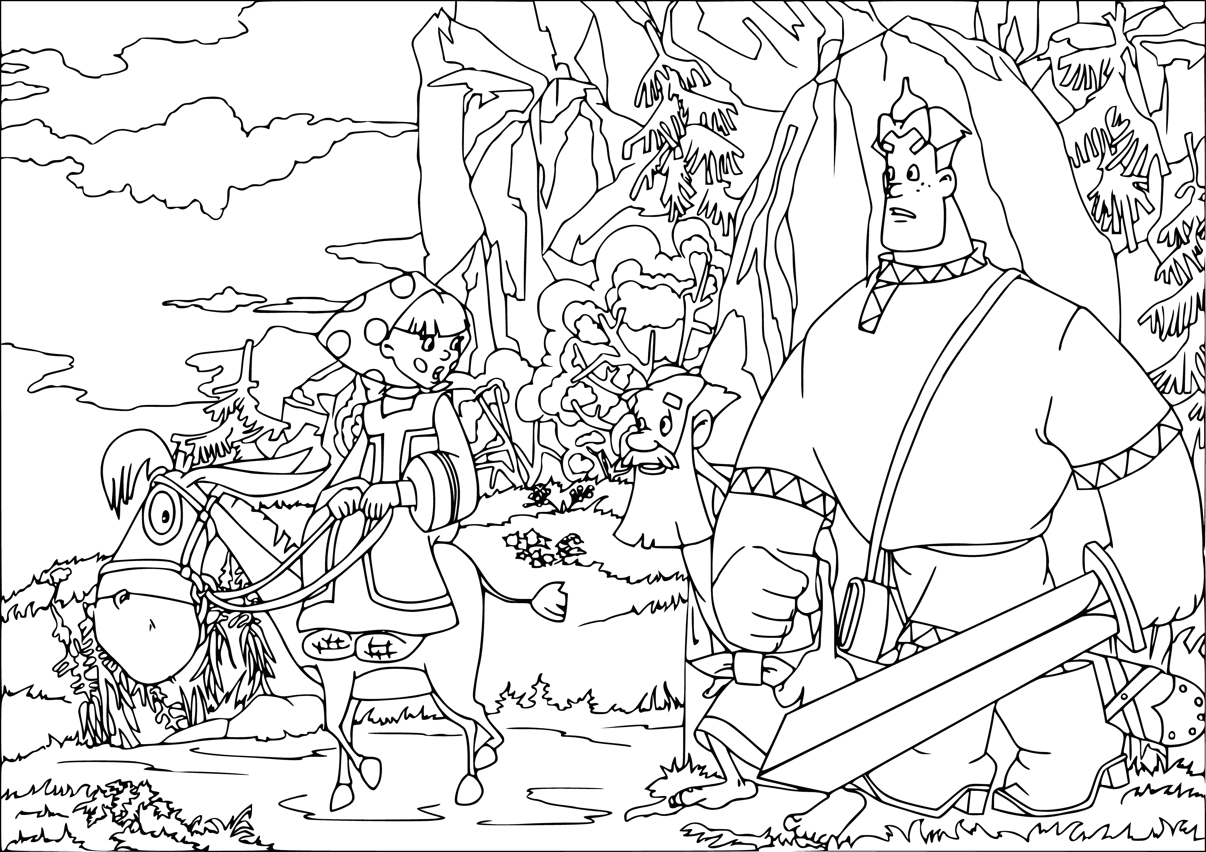 coloring page: Alyosha Popovich and Tugarin the serpent stare at viewer, Alyosha holding a spear, Tugarin wrapped around his body, both standing on a stone.
