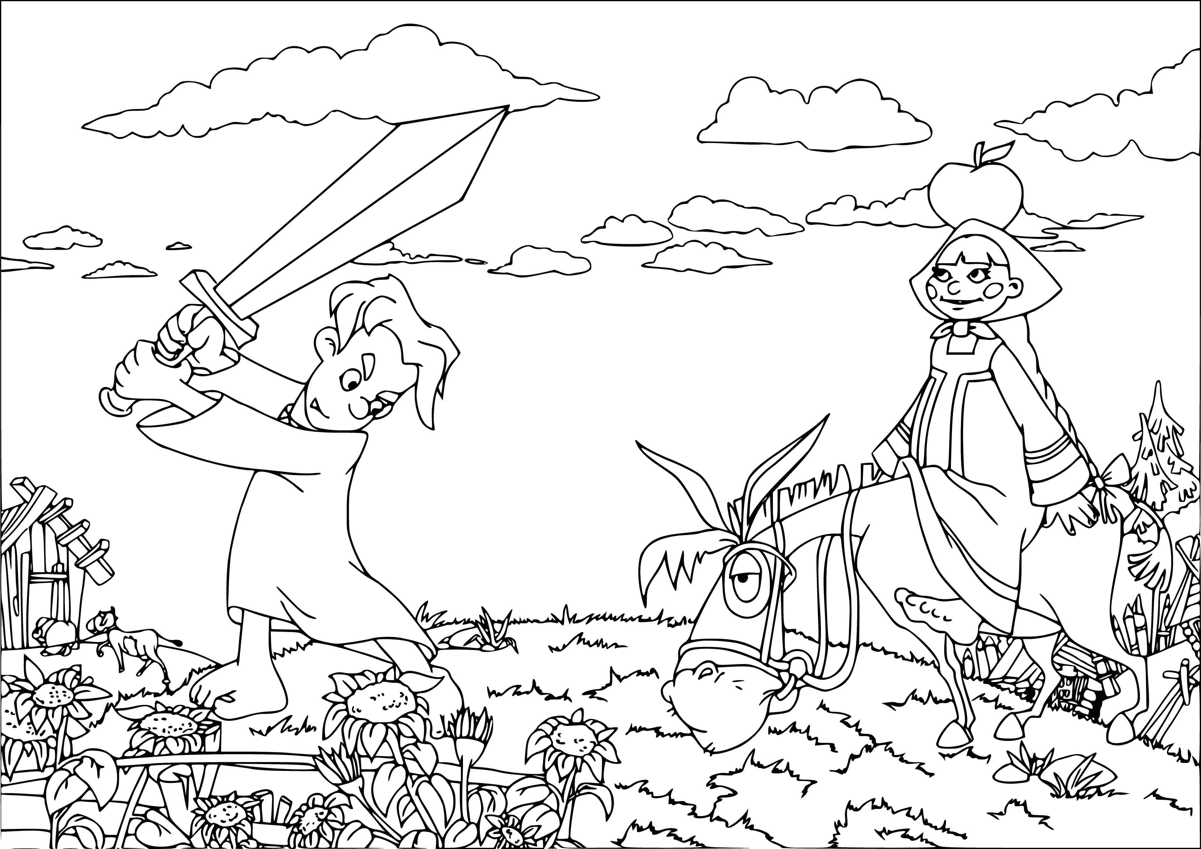 coloring page: Alyosha and Tugarin face off with swords, wearing blue/white tunics and gold trim, brown boots.
