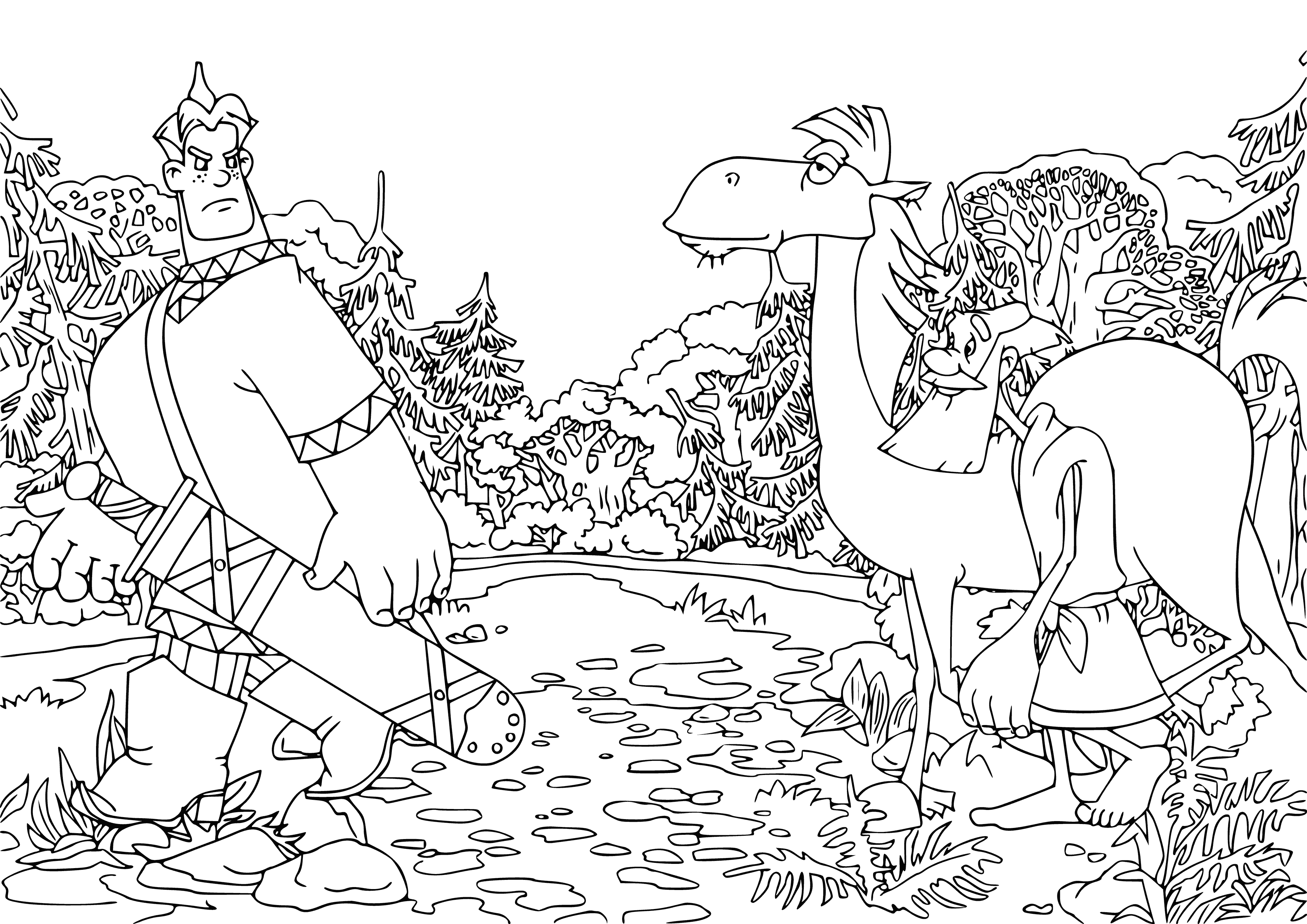 coloring page: Alyosha Popovich & Tugarin riding on a horse, swords in hand, daringly looking ahead.