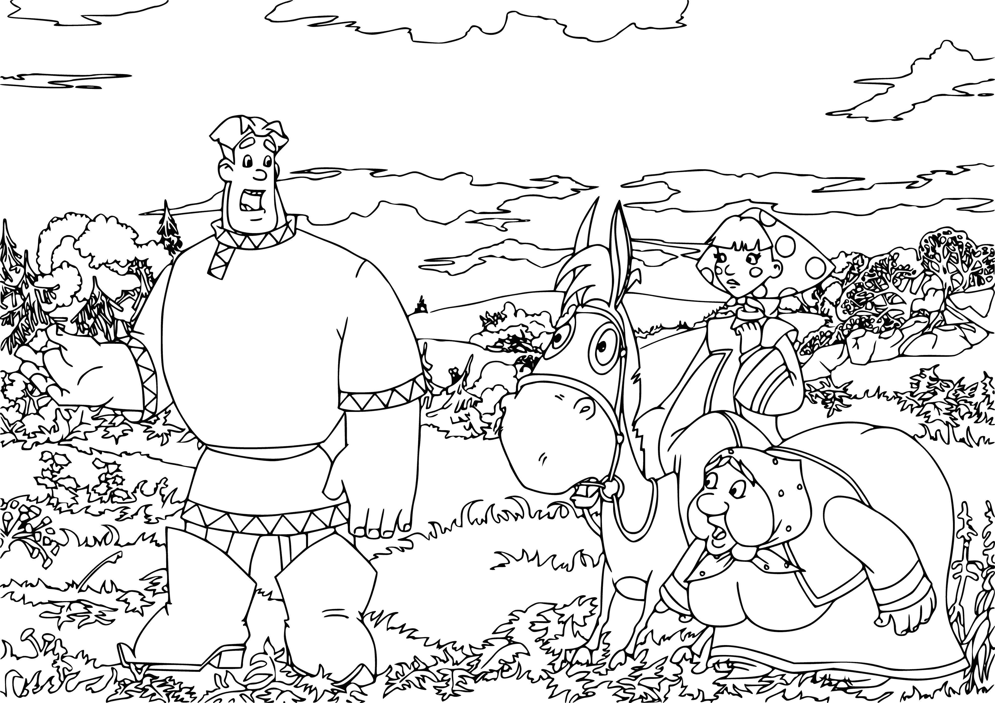 coloring page: Brave Alyosha Popovich saves Lyubava from Tugarin the serpent's kidnappings.