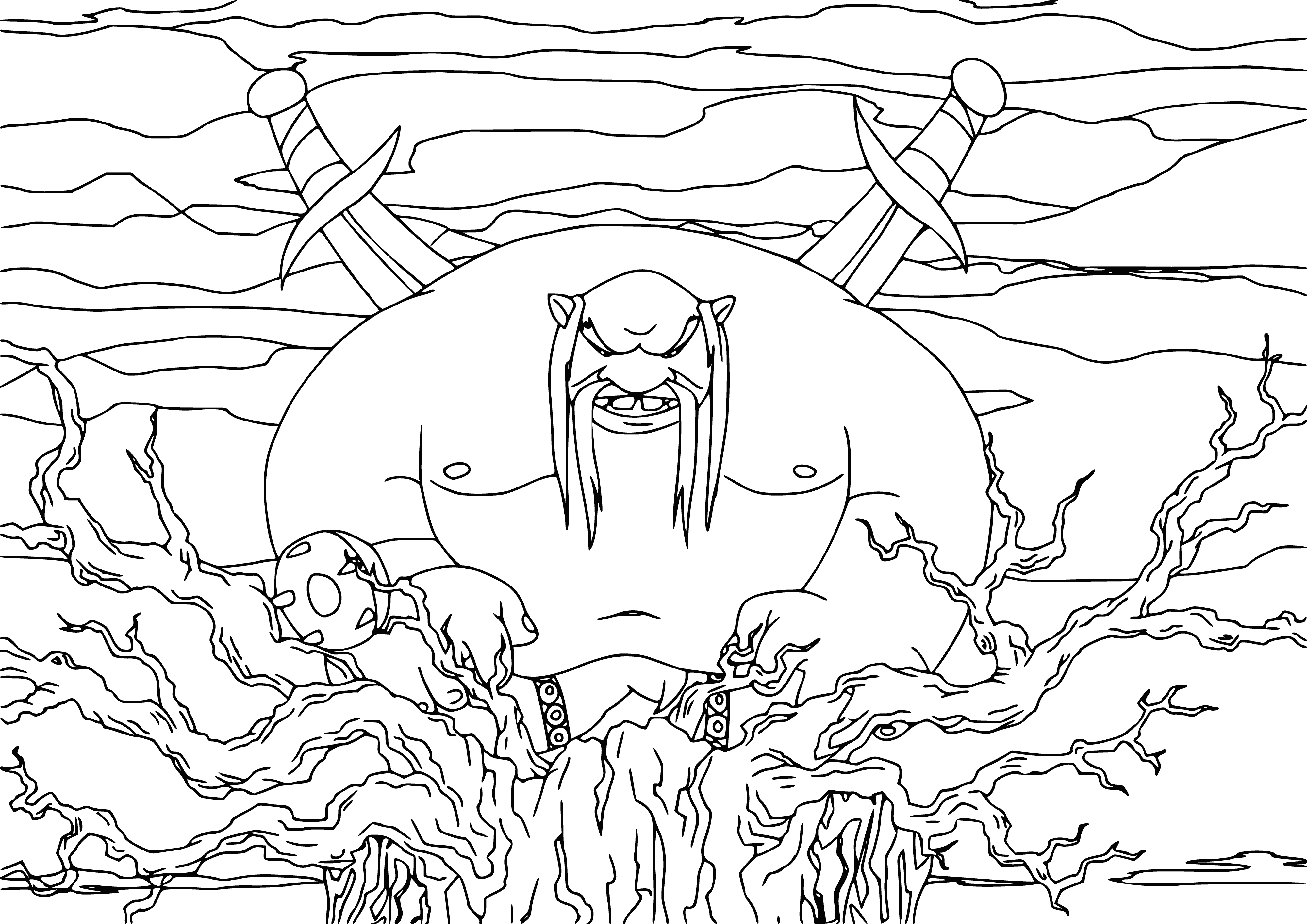 coloring page: Russian man in traditional clothing stands before large, coiled serpent with human head, seemingly hissing.
