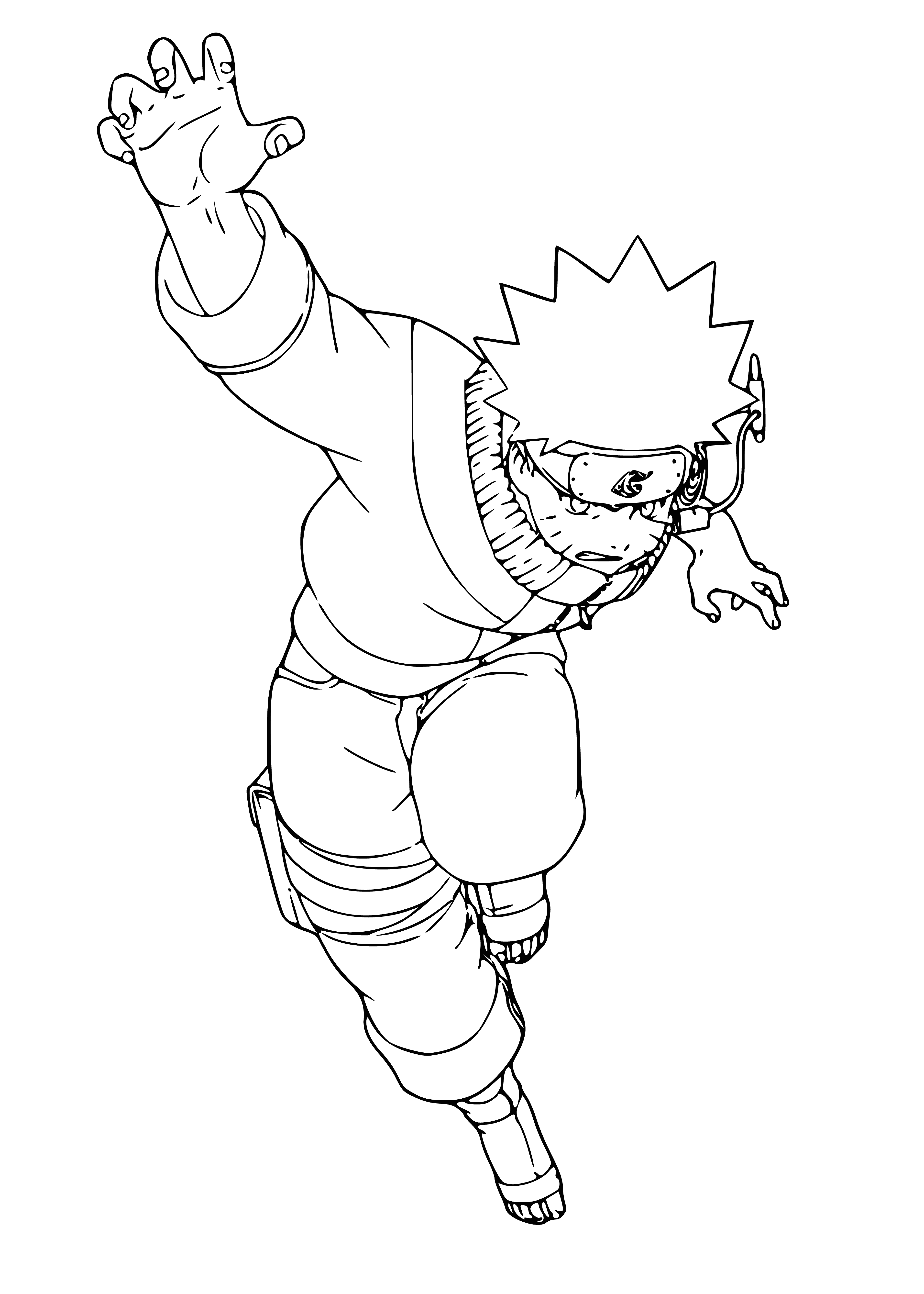 coloring page: Anime character Naruto stands with hands on hips in bright jumpsuit, spiky orange hair, blue eyes and small scar. #Naruto