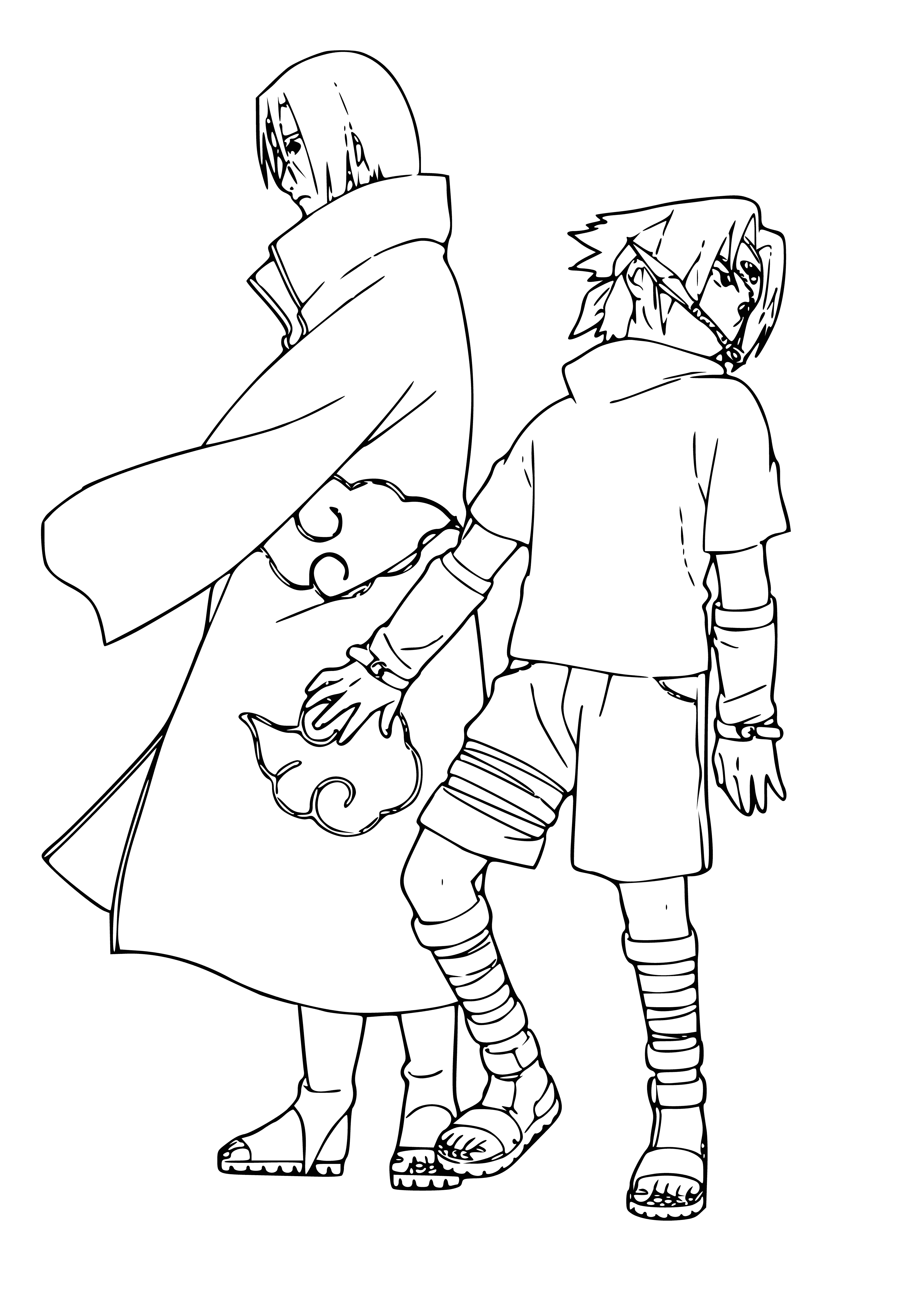coloring page: Sasuke & Itachi surrounded by a giant black bird - Sasuke is angry and Itachi is calm.
