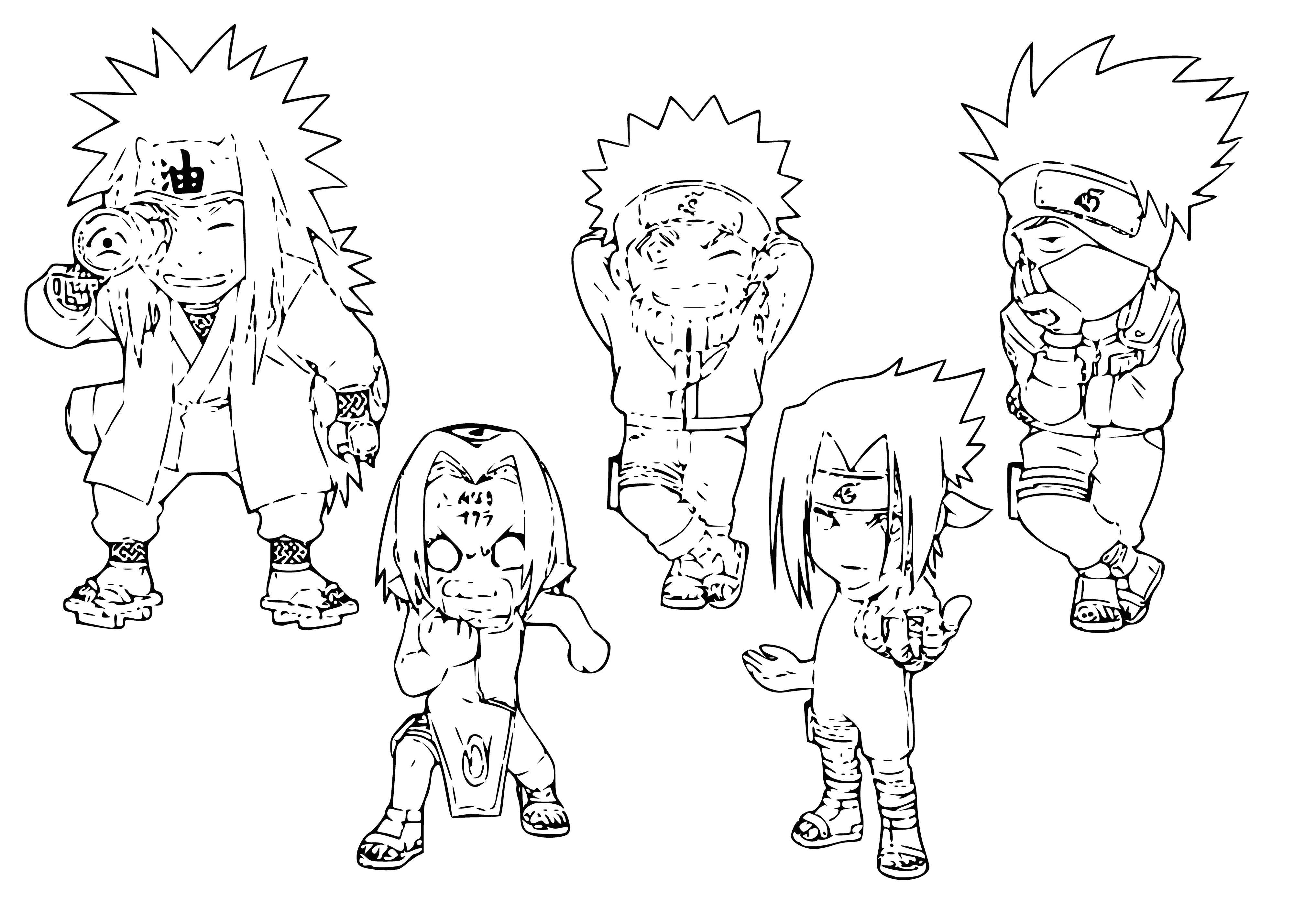 coloring page: 3 people: man w/ blonde spiky hair (blue+orange, red scarf); woman w/ black hair (white shirt, red jacket); man w/ short black hair (orange shirt, black jacket).