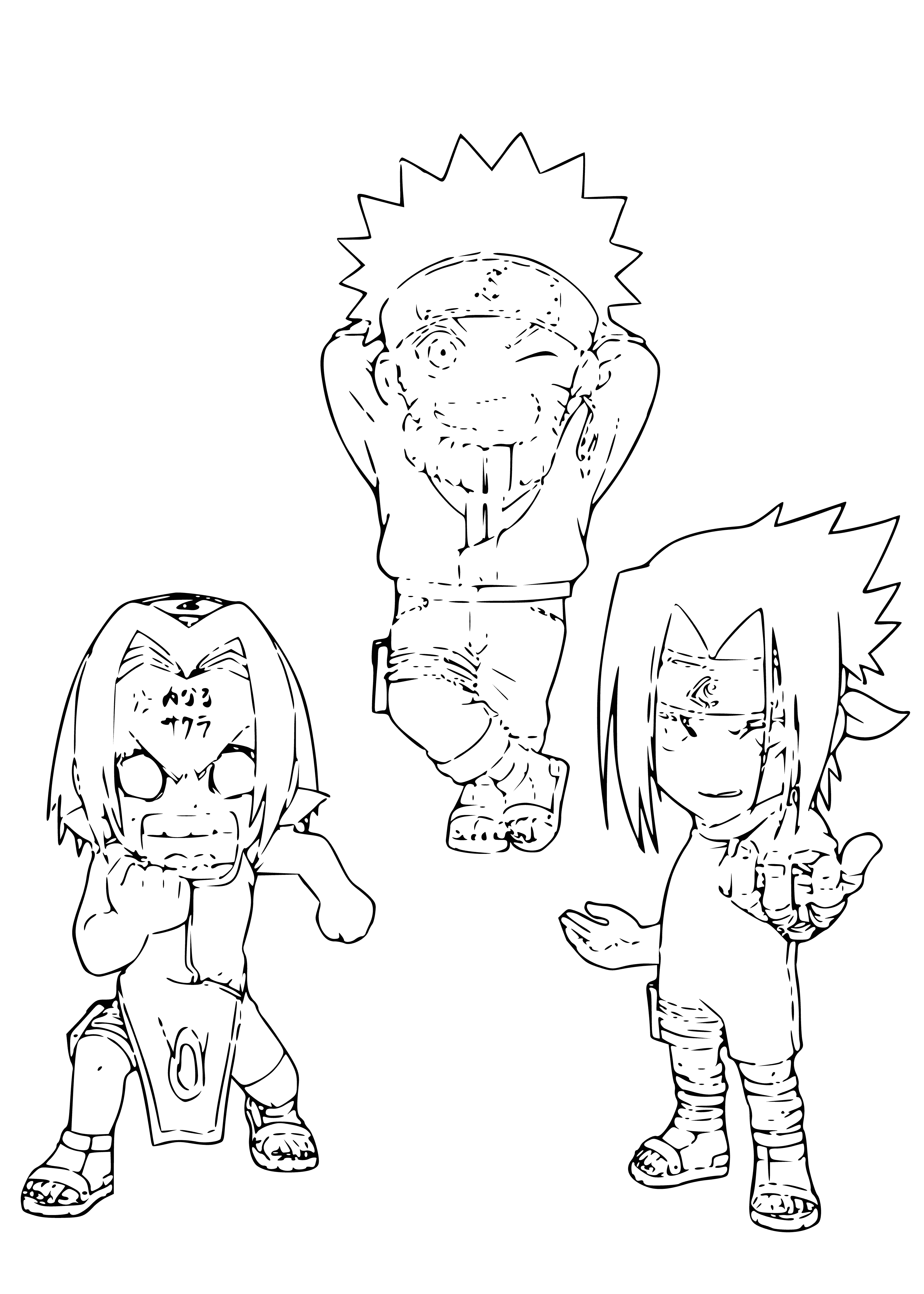 coloring page: Three determined friends united: Naruto (blue/gold), Sakura (pink), and Sasuke (dark) stand with fists raised.
