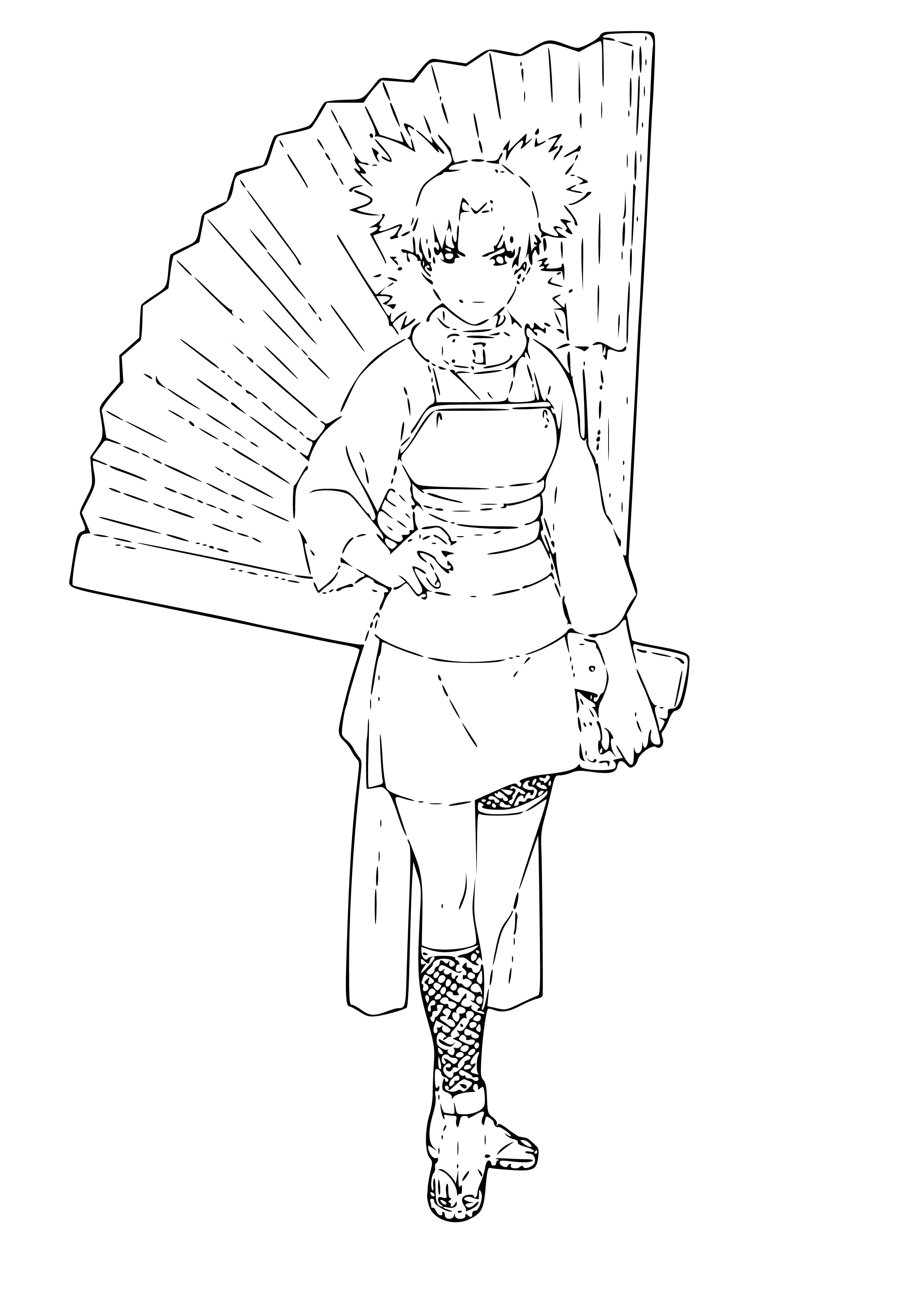 coloring page: Temari is a tall ninja with blond hair, blue eyes and red and green clothing. She fights with a giant fan and wears red sandals.