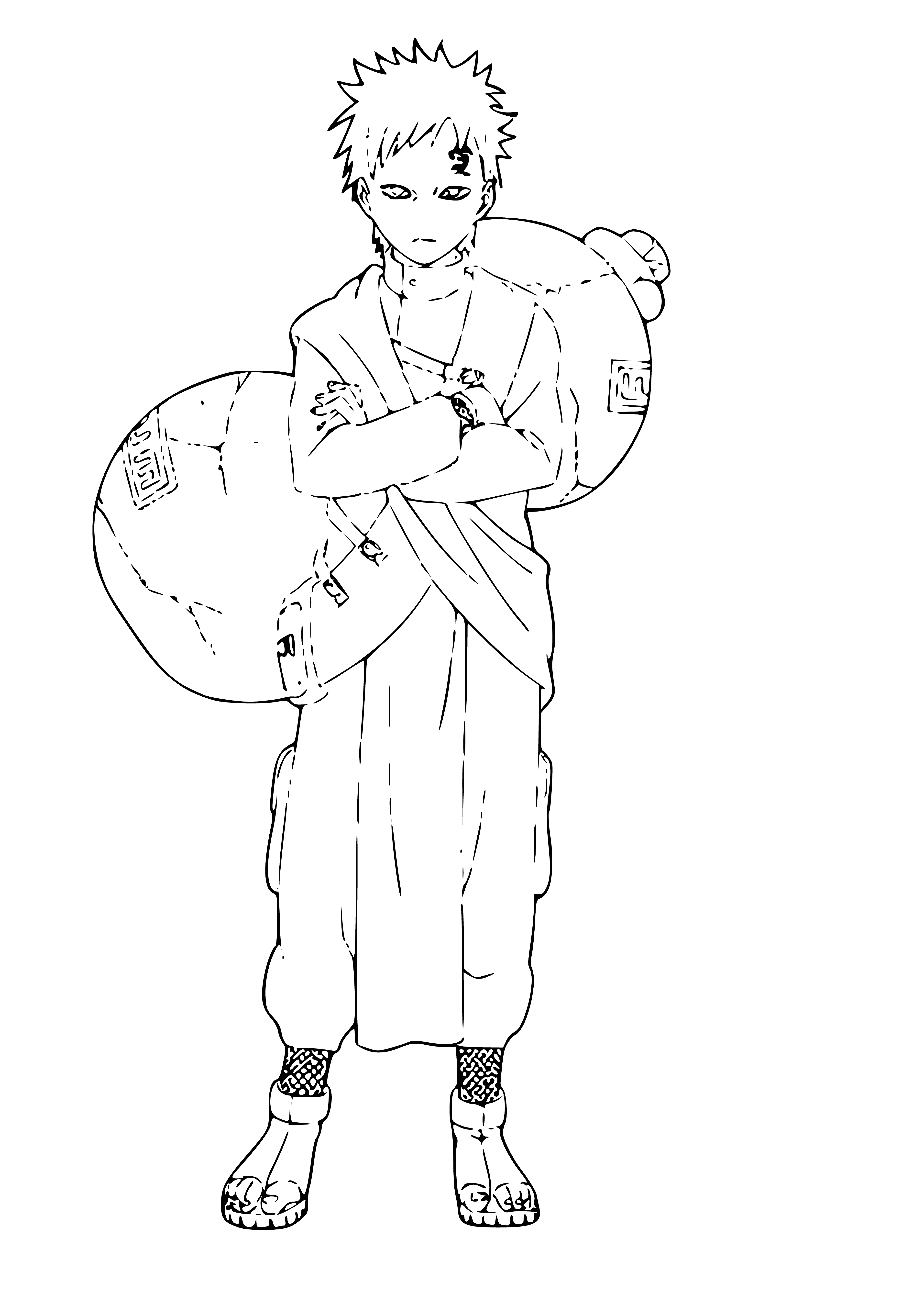 coloring page: A man in orange & black jumpsuit w/ blue eyes is surrounded by a swirl of sand in the center of a coloring page. Hands clasped.