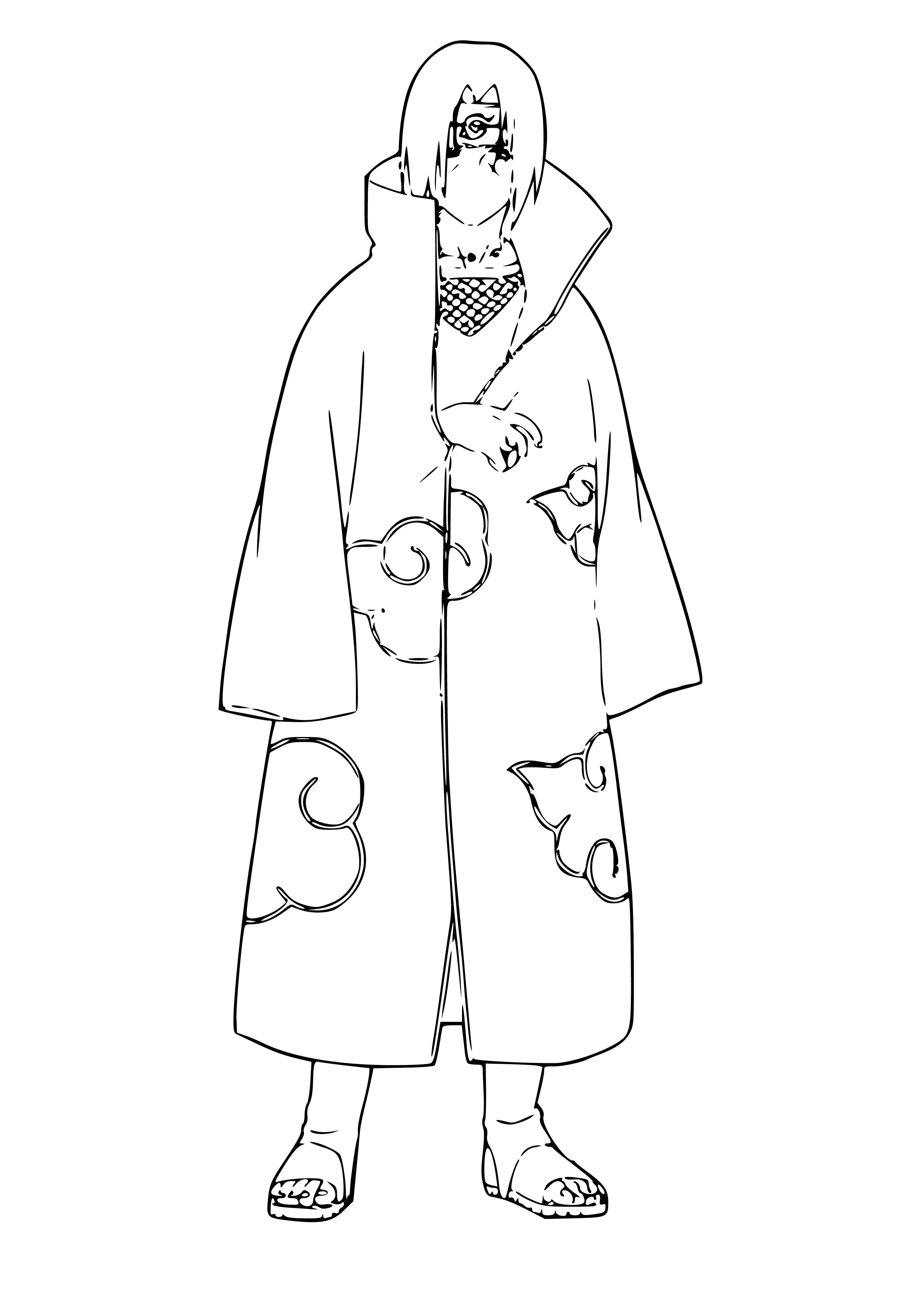 coloring page: Man in black cloak with sword strapped to back; wears black shirt with red inside cloak. #coloringpage
