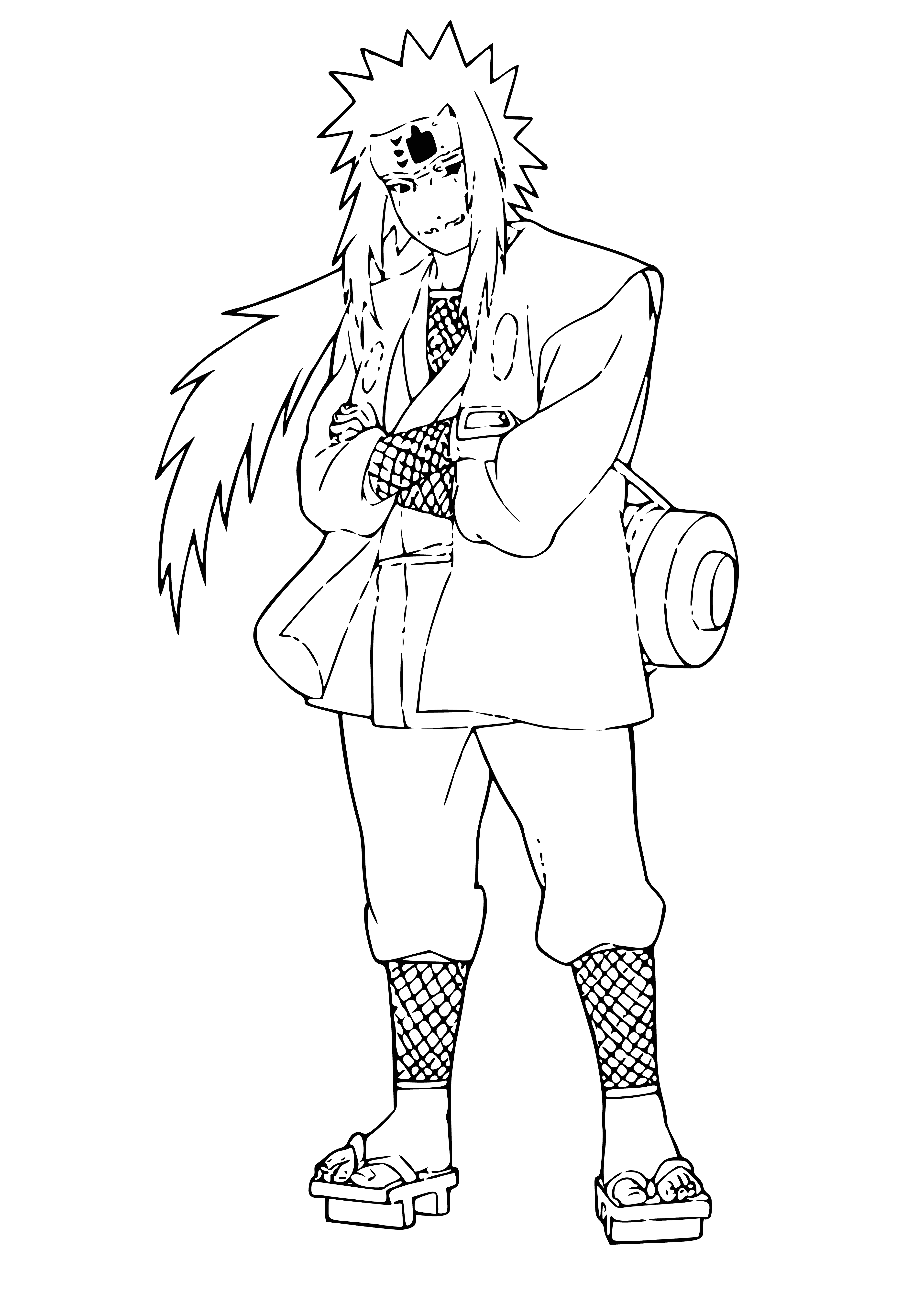 coloring page: Jiraiya: middle-aged man with white hair, wearing orange shirt, black jacket, white pants, black boots, small black hat, black scarf, sword strapped to back.