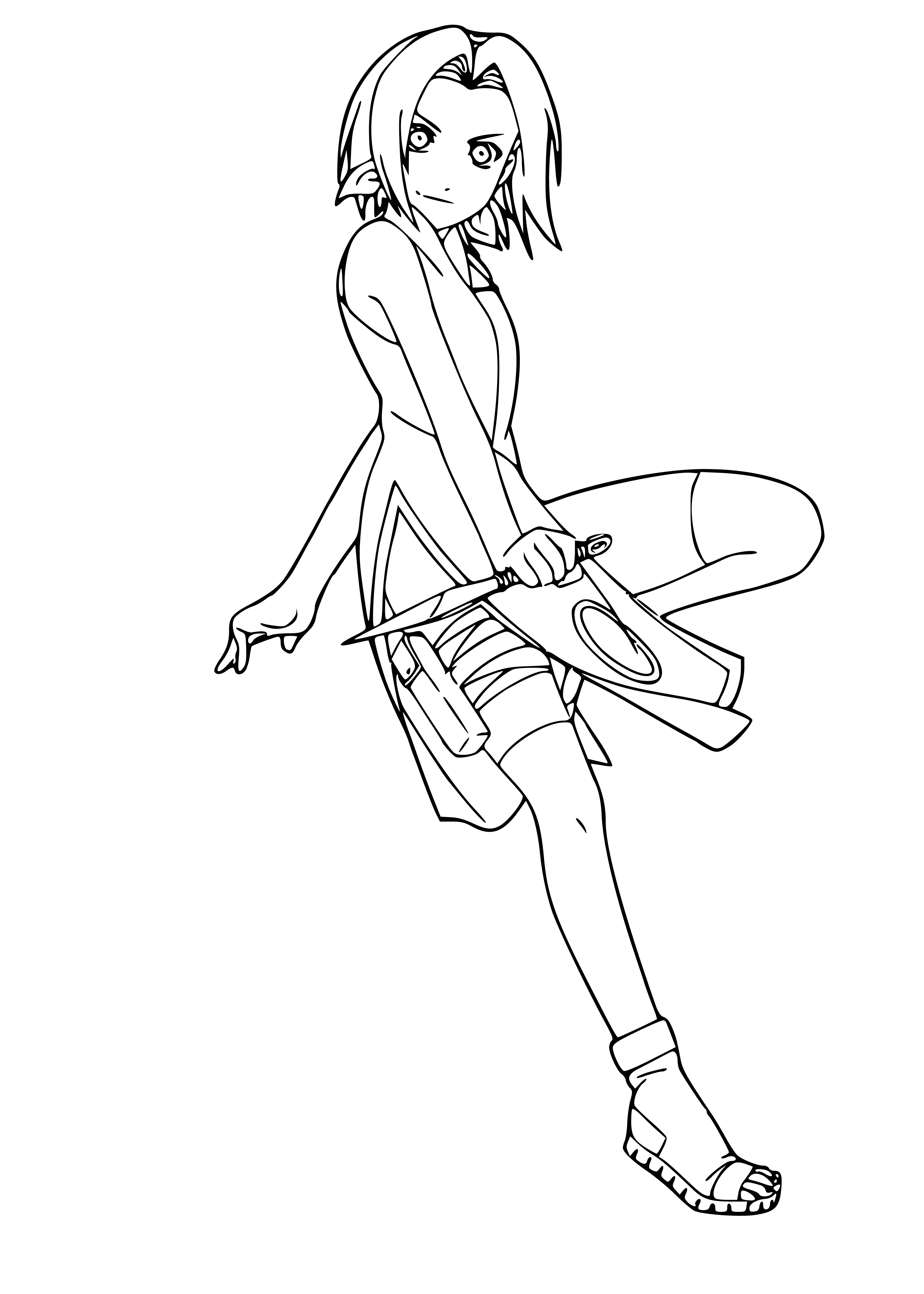 coloring page: Sakura Haruno is a young pink-haired girl with a red & white outfit and blue backpack, carrying a red & white fan.