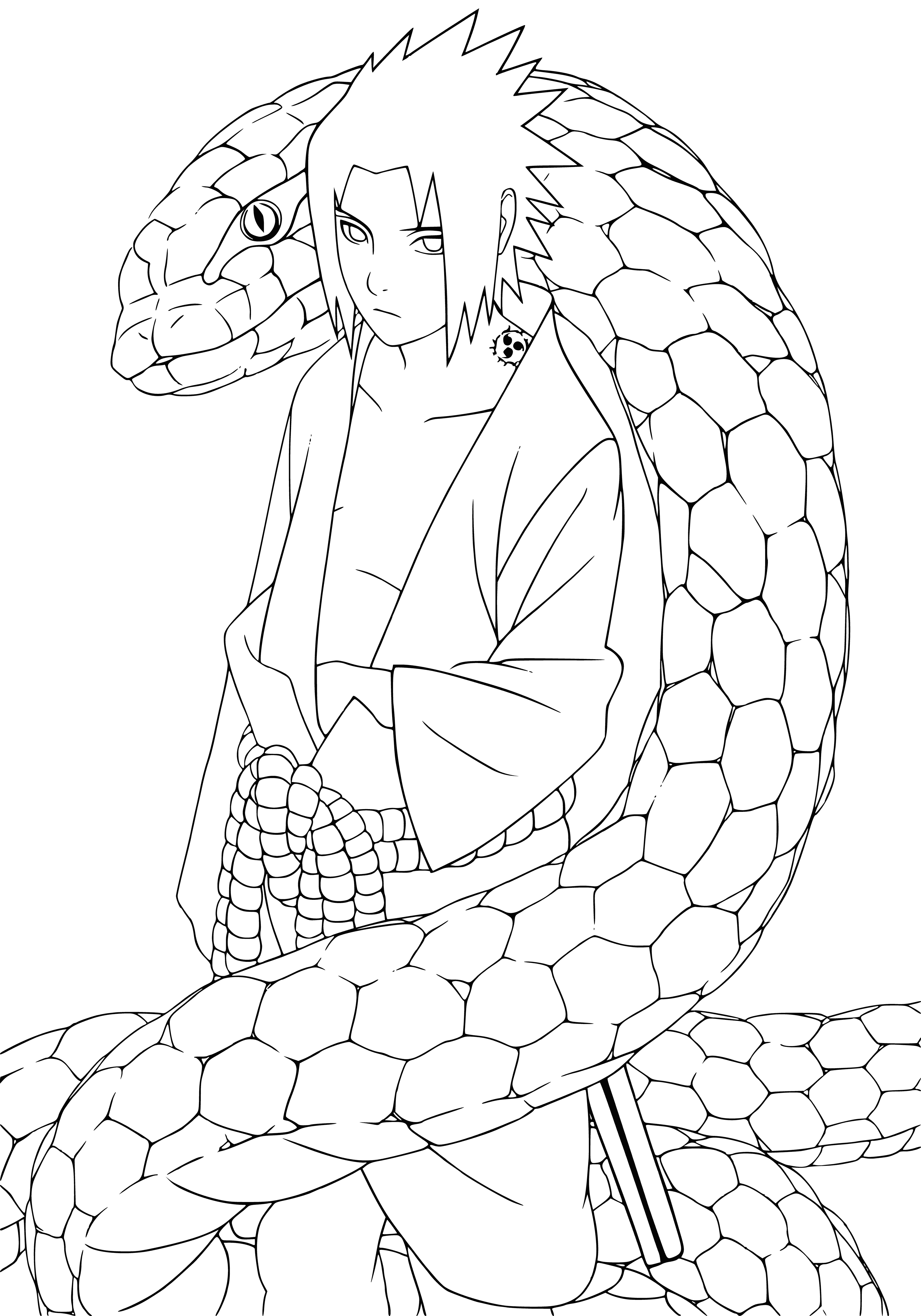 coloring page: Sasuke is a young man w/ dark hair & eyes wearing a blue & white Uchiha clan uniform. Carrying a sword & scroll.