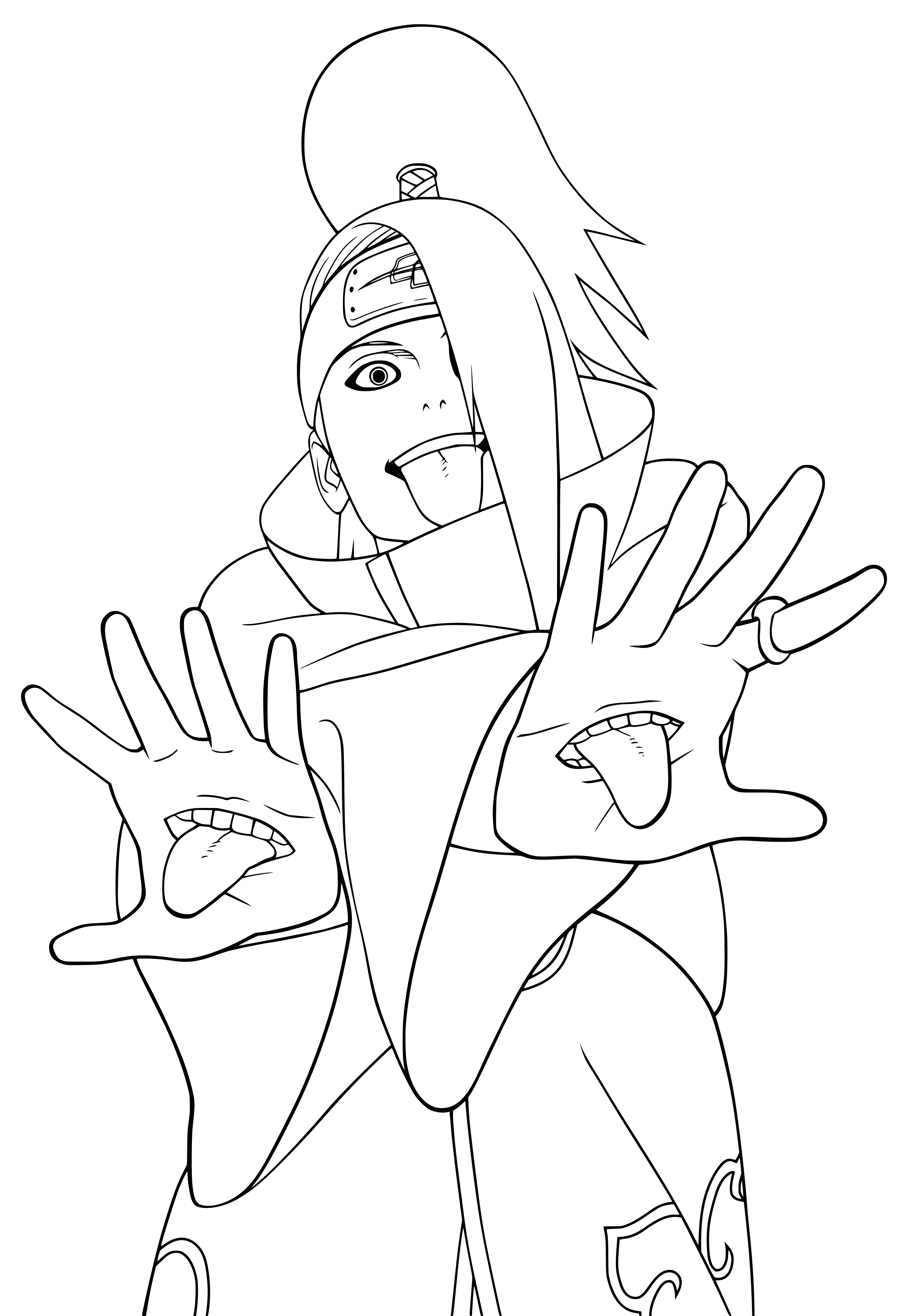 coloring page: Man with blond hair and blue eyes, wearing blue/white outfit and billowing cape. Holding sculpted bird, tattoo on forehead and scar on cheek.
