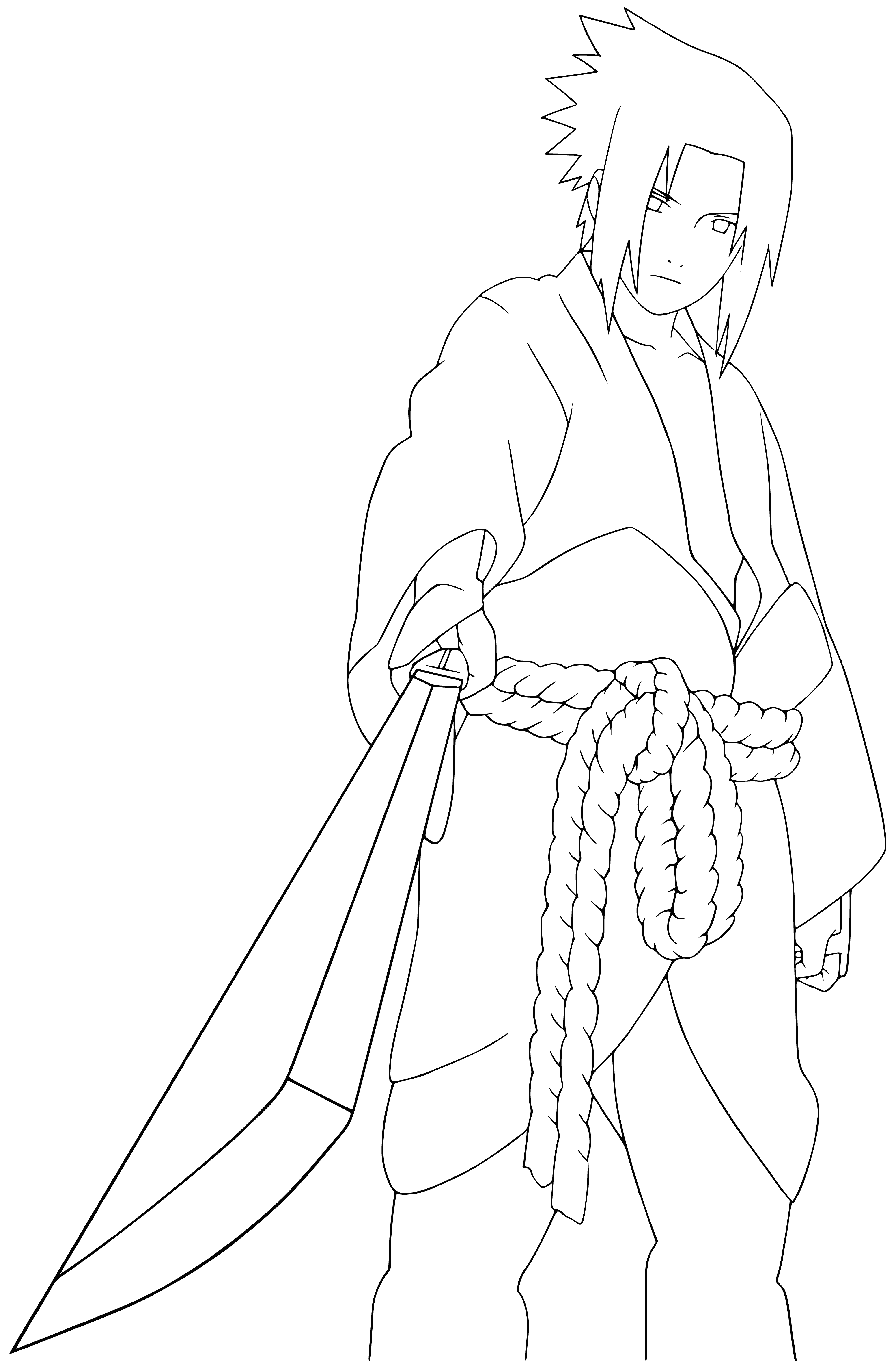 coloring page: Sasuke is a young man with black hair, dark eyes, and a blue/white uniform w/Uchiha clan crest. He carries a sword & wears a black headband w/a metal plate.